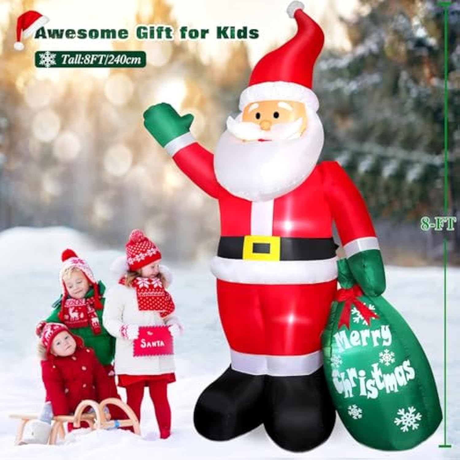 8 Ft Christmas Inflatable Santa Claus Outdoor Decors For Yard, Xmas Blow Up Santa Decoration With Gift Bag, Built-In Led