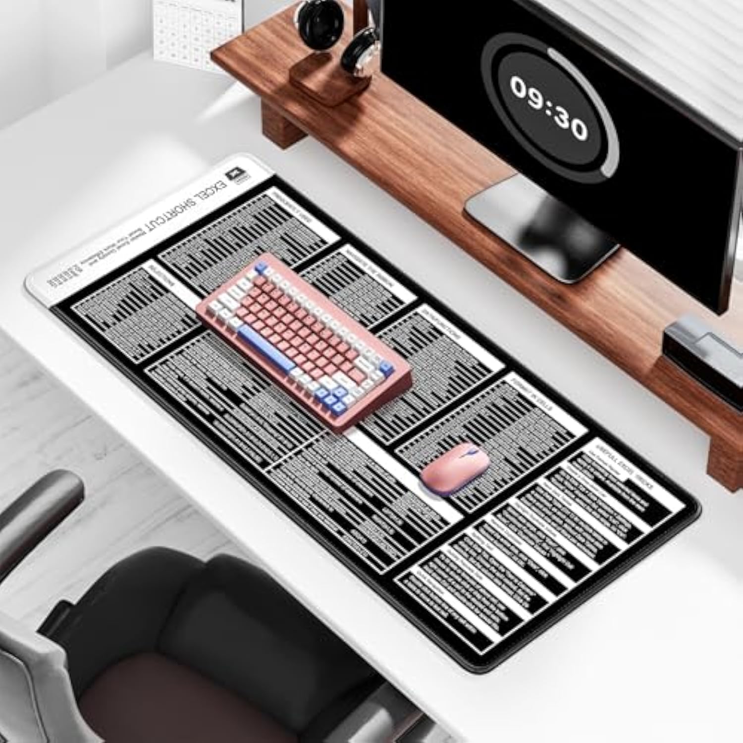 Excel Shortcut Mouse Pad, Large Excel Cheat Sheet Desk Pad, Xxl Extended Computer Mousepad, Office Desk Mat For Laptop And Keyboard, Non-Slip Rubber, Stitched Edges, 35.4"X15.7", Black