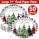 50Pcs Christmas Buffalo Plaid Tree Oval Paper Plates 11 Inch Black White Gingham Party Supplies Merry Christmas Disposable Dinnerware Plates Xmas Serving Tray For Holiday Party Supplies Decorations