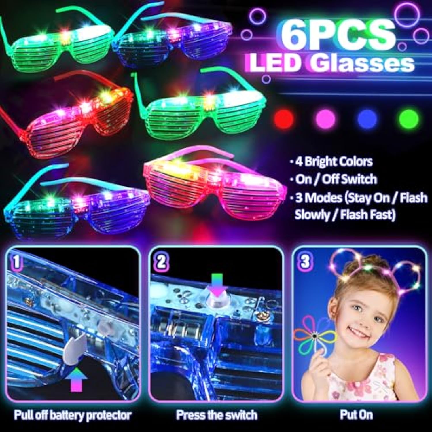 130Pcs Glow In The Dark Party Supplies For Kids Adults, Light Up Party Favors With Led Glasses, Headbands, Finger Lights, Glow Sticks, Temporary Tattoos, Neon Face Body Paint For Halloween, Birthdays