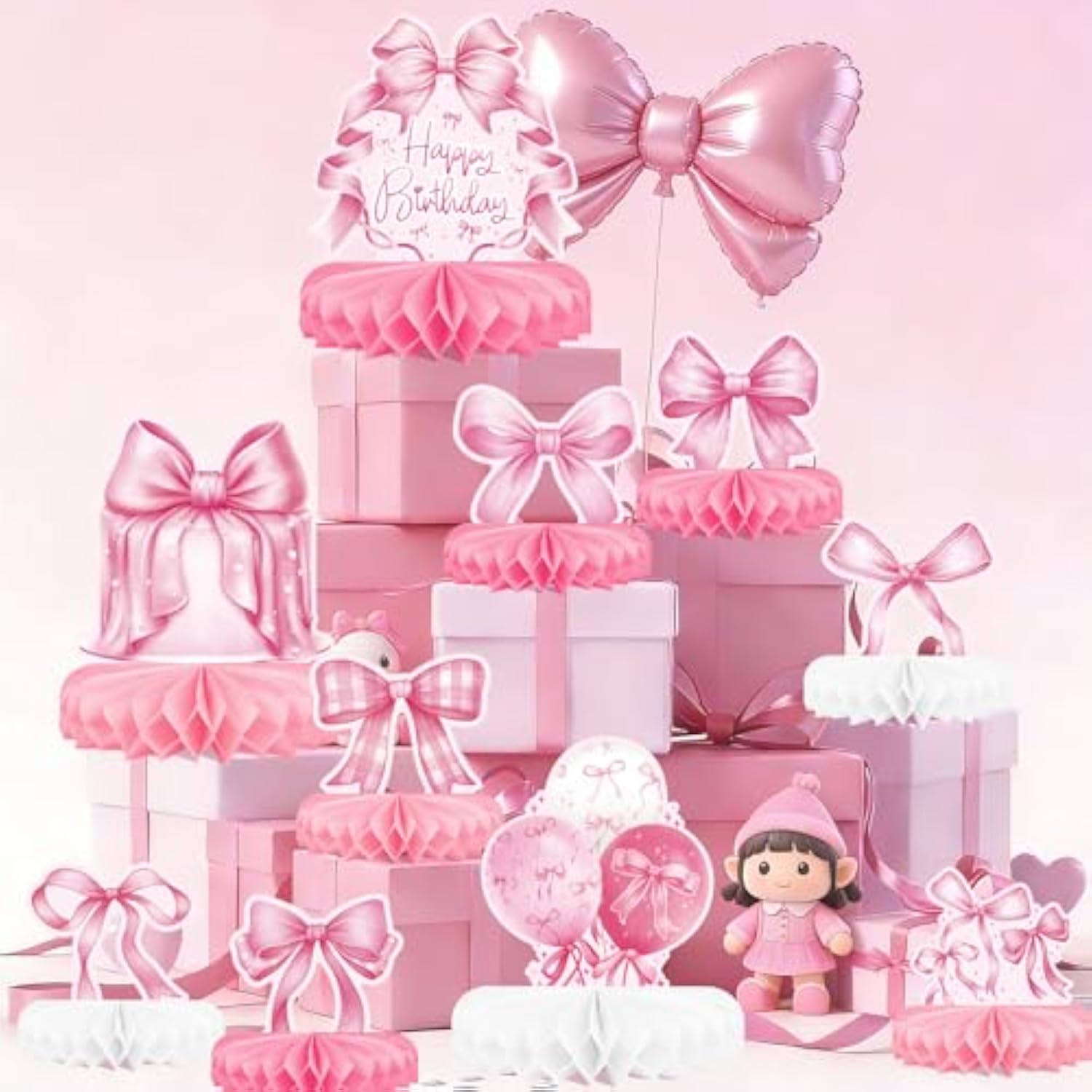 Pink Bow Birthday Decorations Set - Bow Party Decorations With Honeycomb Centerpieces & Table Centerpieces For Splendid Pink Bow Themed Party Supplies