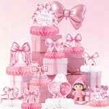 Pink Bow Birthday Decorations Set - Bow Party Decorations With Honeycomb Centerpieces & Table Centerpieces For Splendid Pink Bow Themed Party Supplies