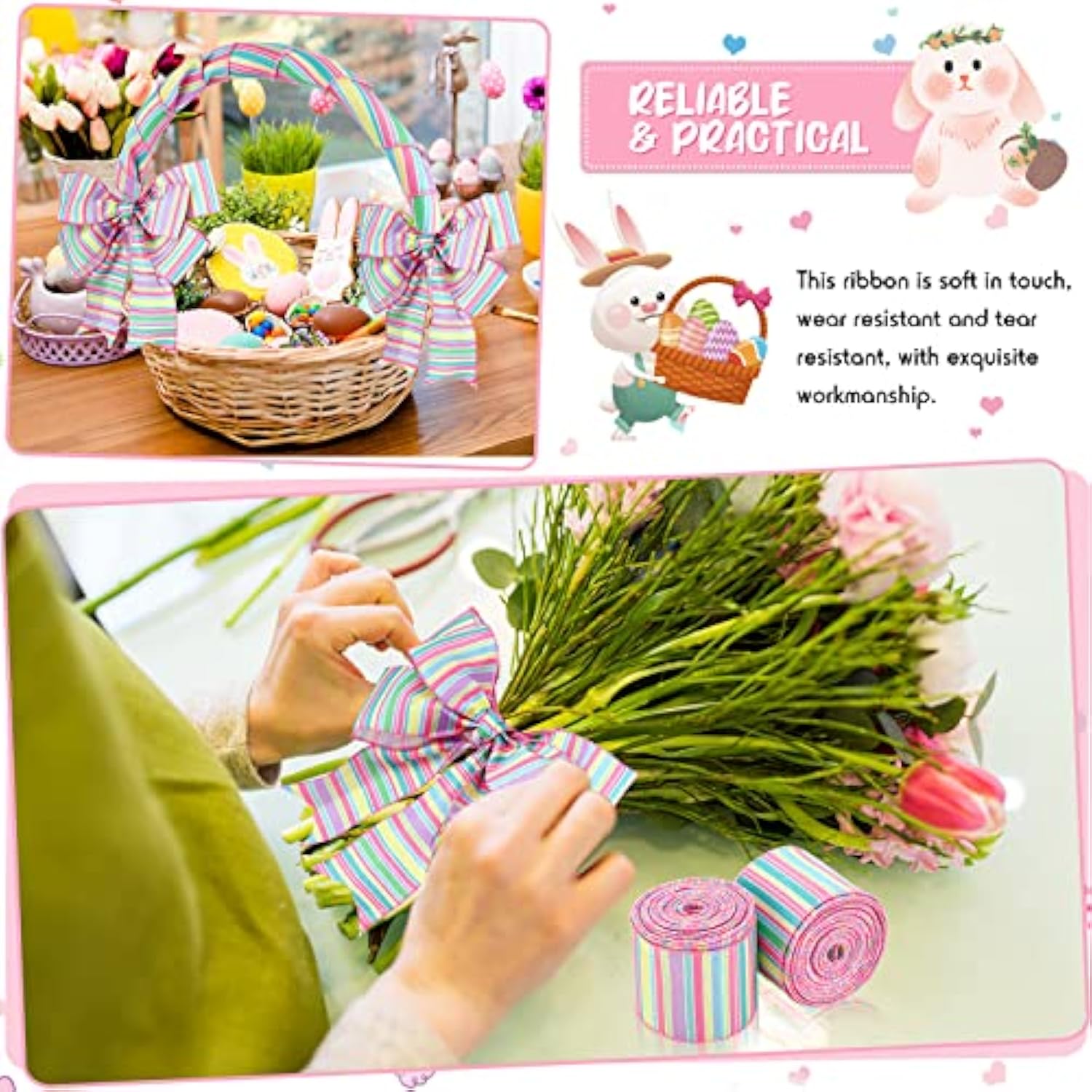 2 Rolls 20 Yards Spring Wired Edge Ribbon Horizontal Stripe Wired Edge