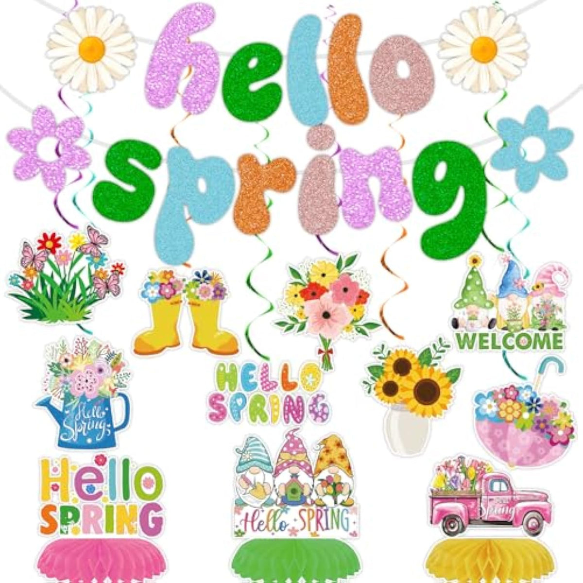 Spring Party Decorations, Hello Spring Decorations,Spring Flower Party Hanging Swirls,Hello Spring Banner And Honeycomb Centerpieces For Spring Decorations And Home Office Classroom
