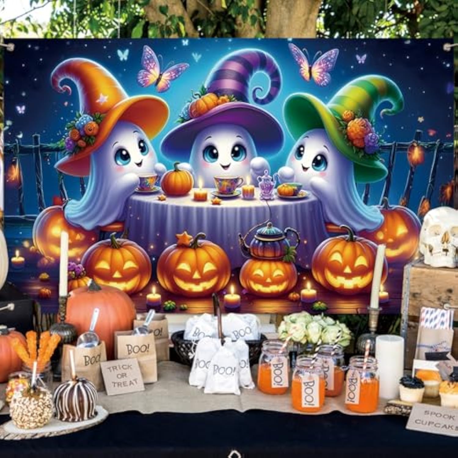 Halloween Photo Backdrop Cute Ghost Tea Party Tapestry Decor for Home Party Supplies