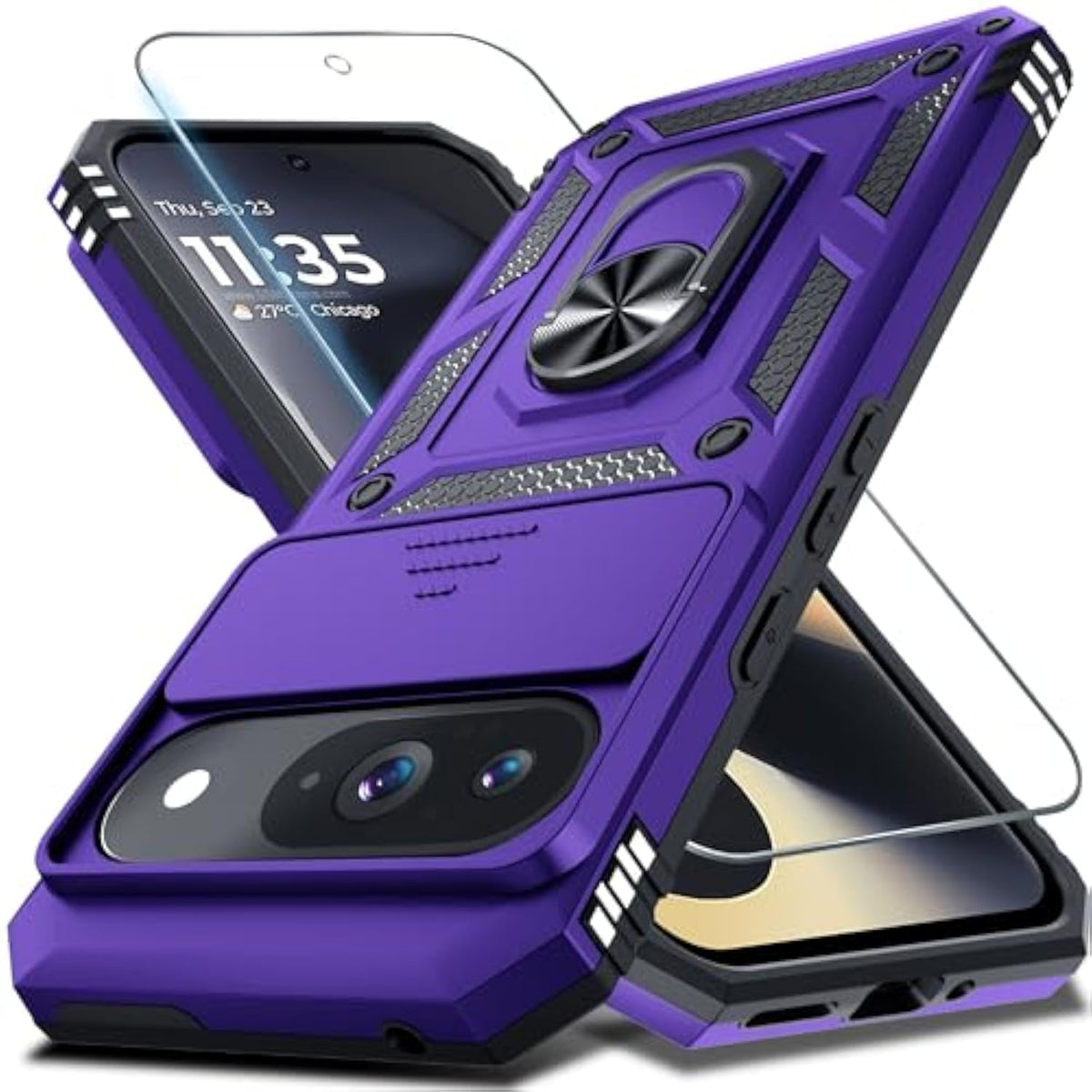 Case Compatible With Google Pixel 9/9 Pro Built In Slide Camera Lens Cover+Screen Protector+Finger Ring Holder Kickstand,Heavy Duty Shockproof Full Body Protective Phone Cover,Purple