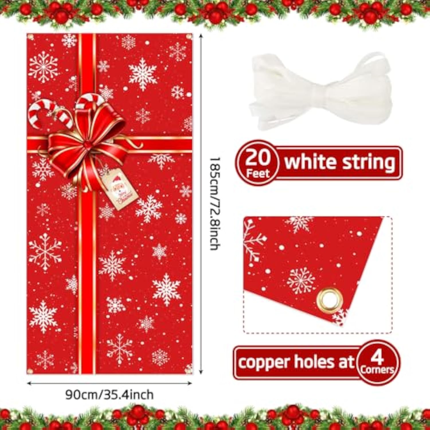 Red Christmas Door Decorations - 72.8 X 35.4 Inch Merry Xmas Cover Banner For Front Door | Outdoor Holiday Porch Signs With Bowknot, Party Supplies, Easy Hanging Winter Photo Booth Props
