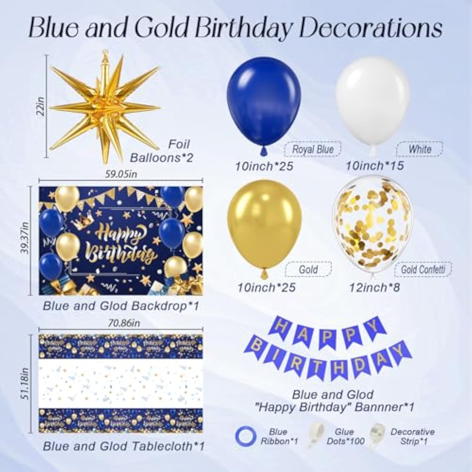 Blue And Gold Birthday Decorations, Blue Gold White Foil Balloons Happy Birthday Banner Blue Tablecloth Backdrop For Happy Birthday Decorations For Men