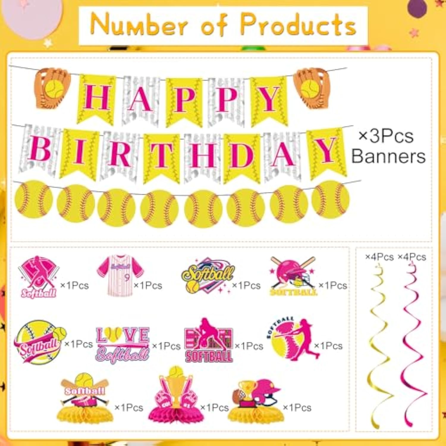 Softball Birthday Party Decorations - Themed Happy Banner, Hanging Swirls, Honeycomb Centerpieces, Table Decor, Sports Party Supplies