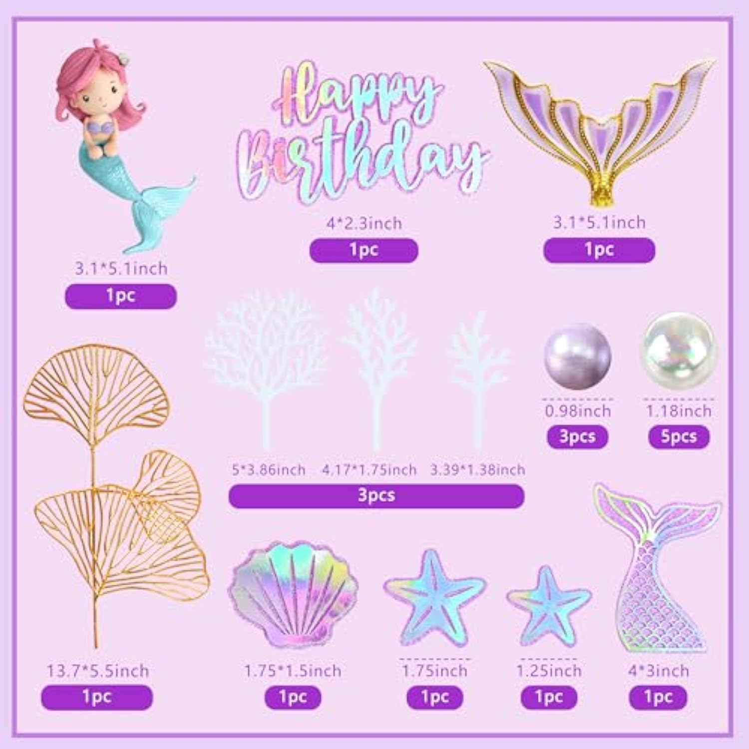 Mermaid Cake Toppers With 3D Mermaid Shell Starfish Fishtail Balls For Kids Girls Birthday Party Baby Shower Supplies (Style1)