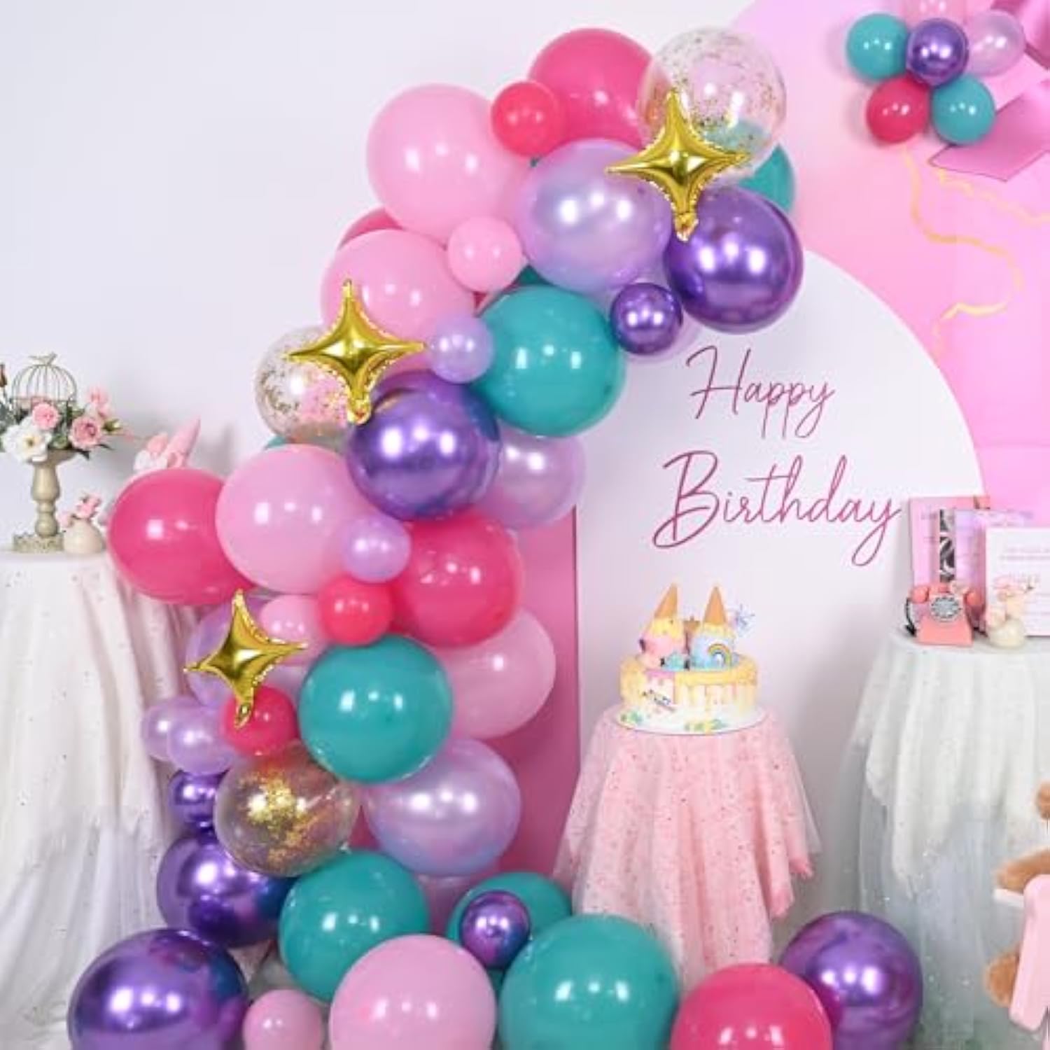 105Pcs Pink Purple Blue Balloon Arch Kit with Stars for Birthday & Party Decor