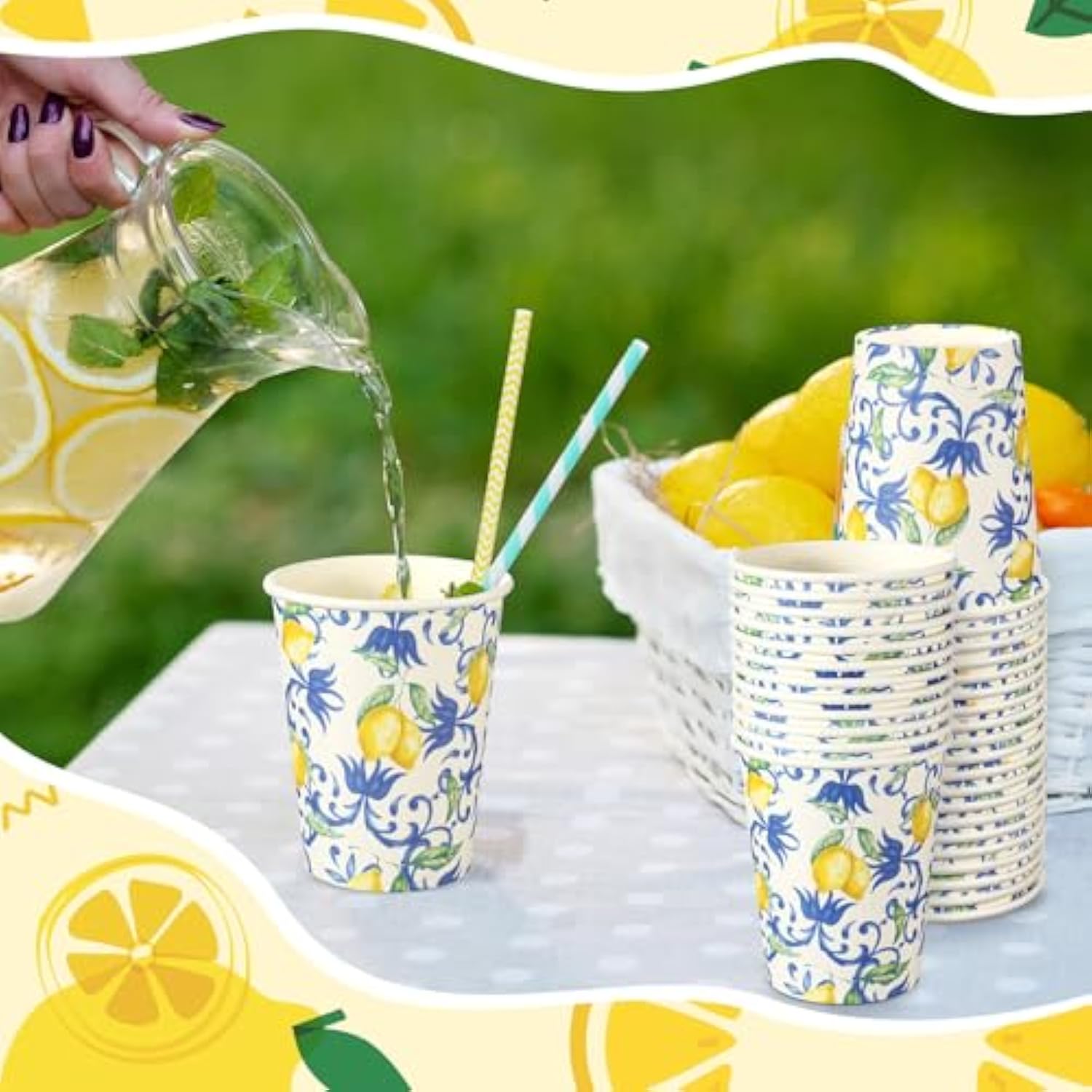 100 Pcs 9Oz Blue Lemon Cups Disposable Paper Yellow Blue Cups For Lemonade Stand Decorative Party For Cold Hot Beverage Juice Kitchen Coffee Birthday Party Supplies
