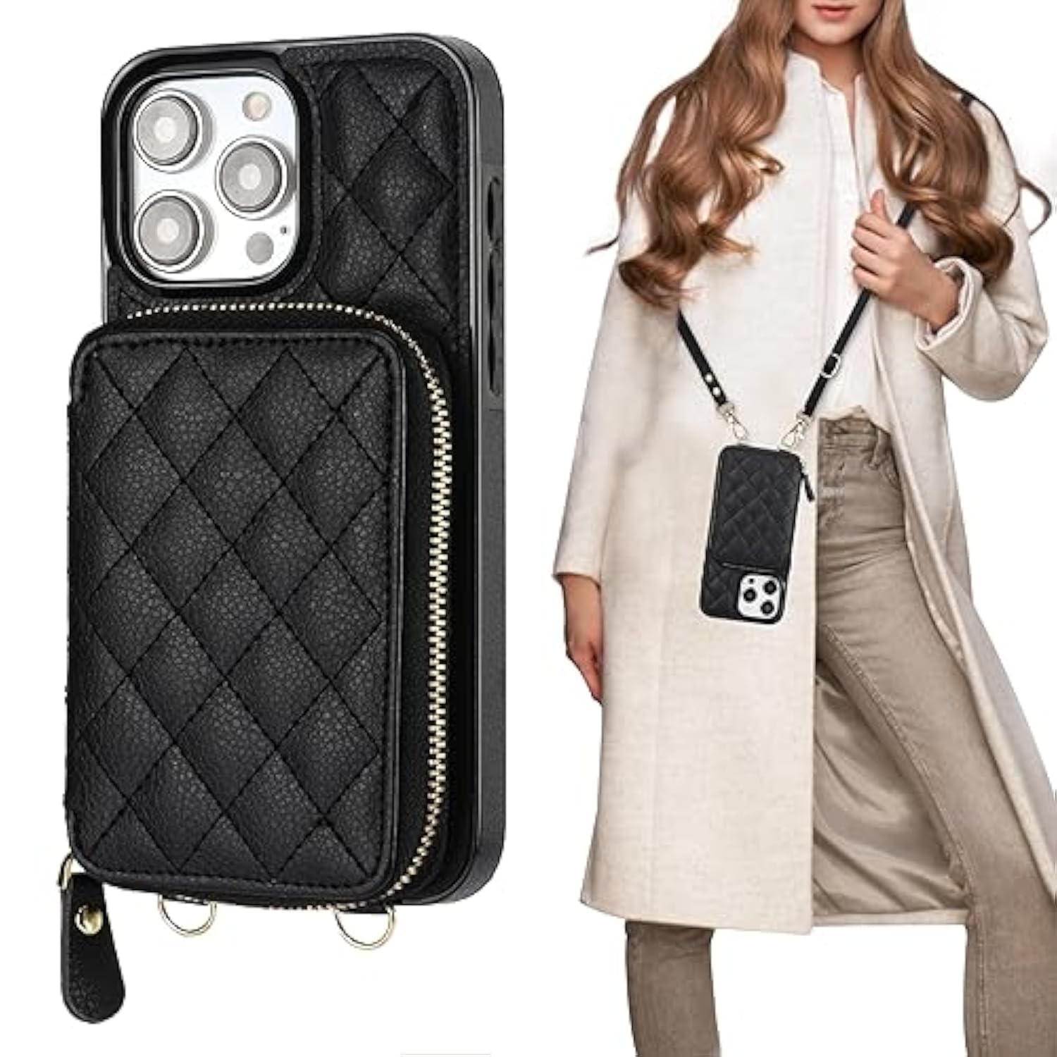 Iphone 15 Pro Max Crossbody Wallet Case RFID Leather Flip Cover 6.7 Inch Black