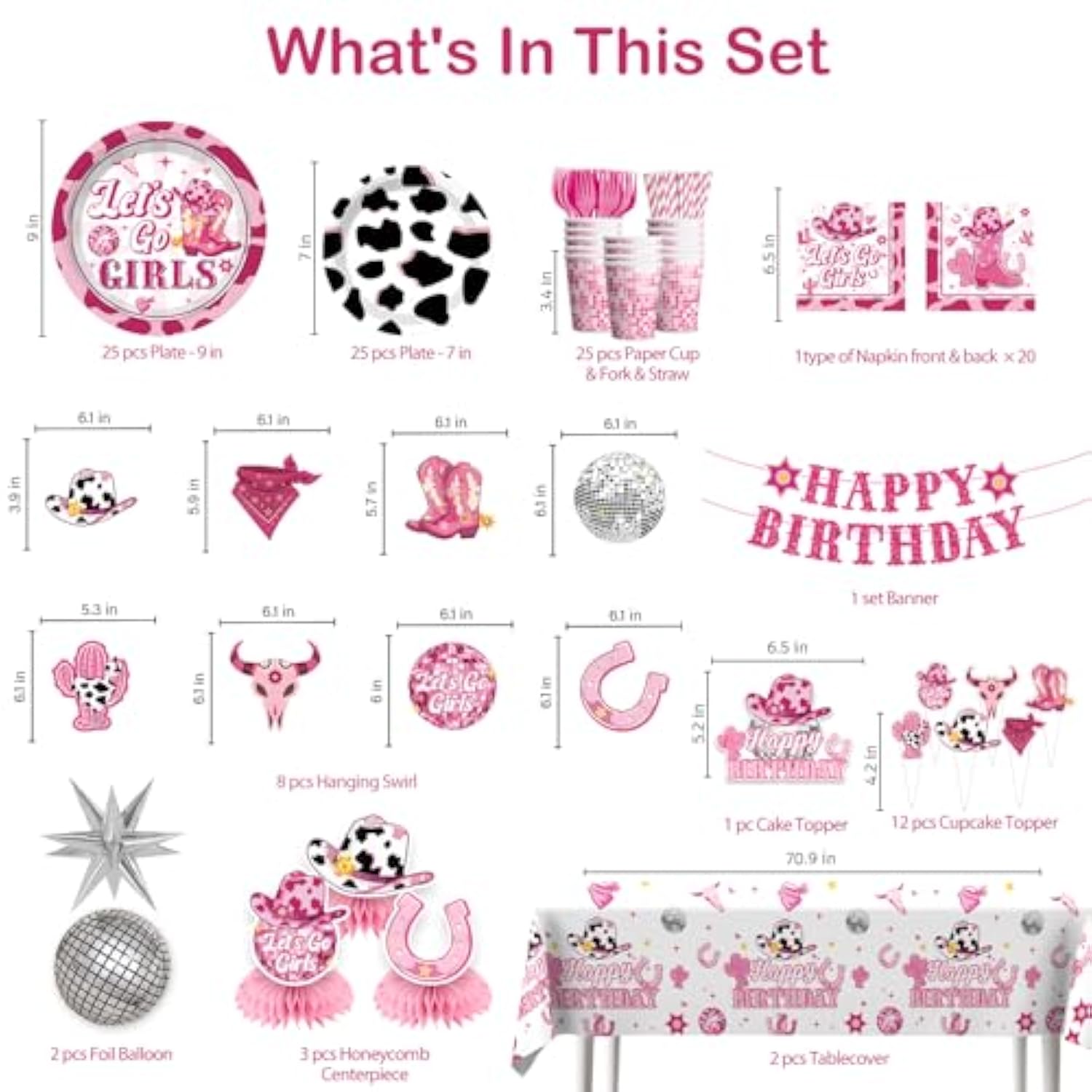 Cowgirl Birthday Party Decorations Pink Western Girl Banner Cake Decorations Disco Cowgirl Plates And Napkins Set For Rodeo Hot Pink Let'S Go Girls Party Supplies