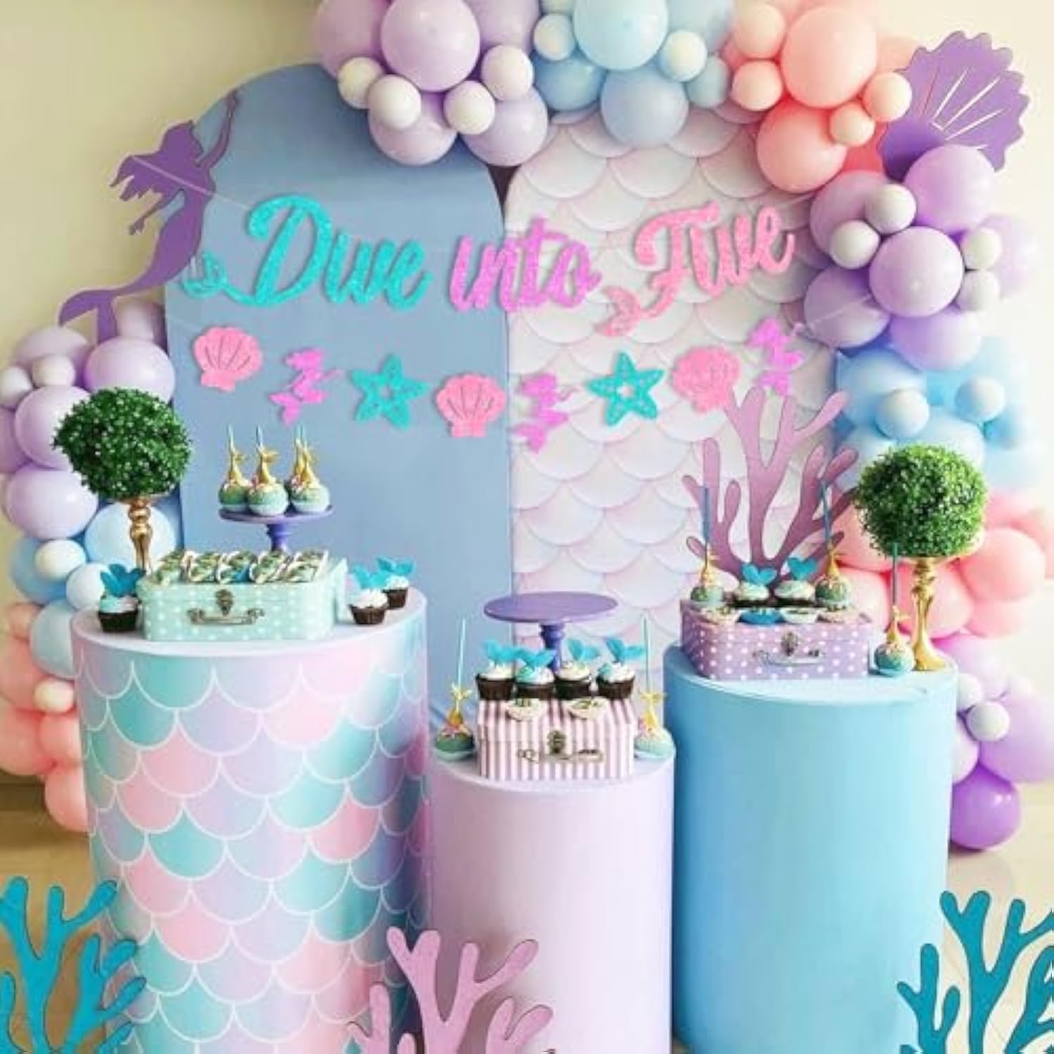 Mermaid 5Th Birthday Decorations, Dive Into Five Banner, Mermaid Birthday Banner Kit, Under The Sea Ocean 5 Years Old Bday Party Supplies For Girls