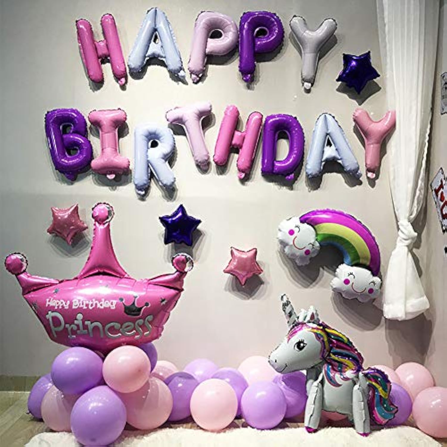 Purple Pink Happy Birthday Balloons Banner, 16 Inch Mylar Foil Letters Balloon Sign For Girls Women Birthday Decorations Photo Backdrop