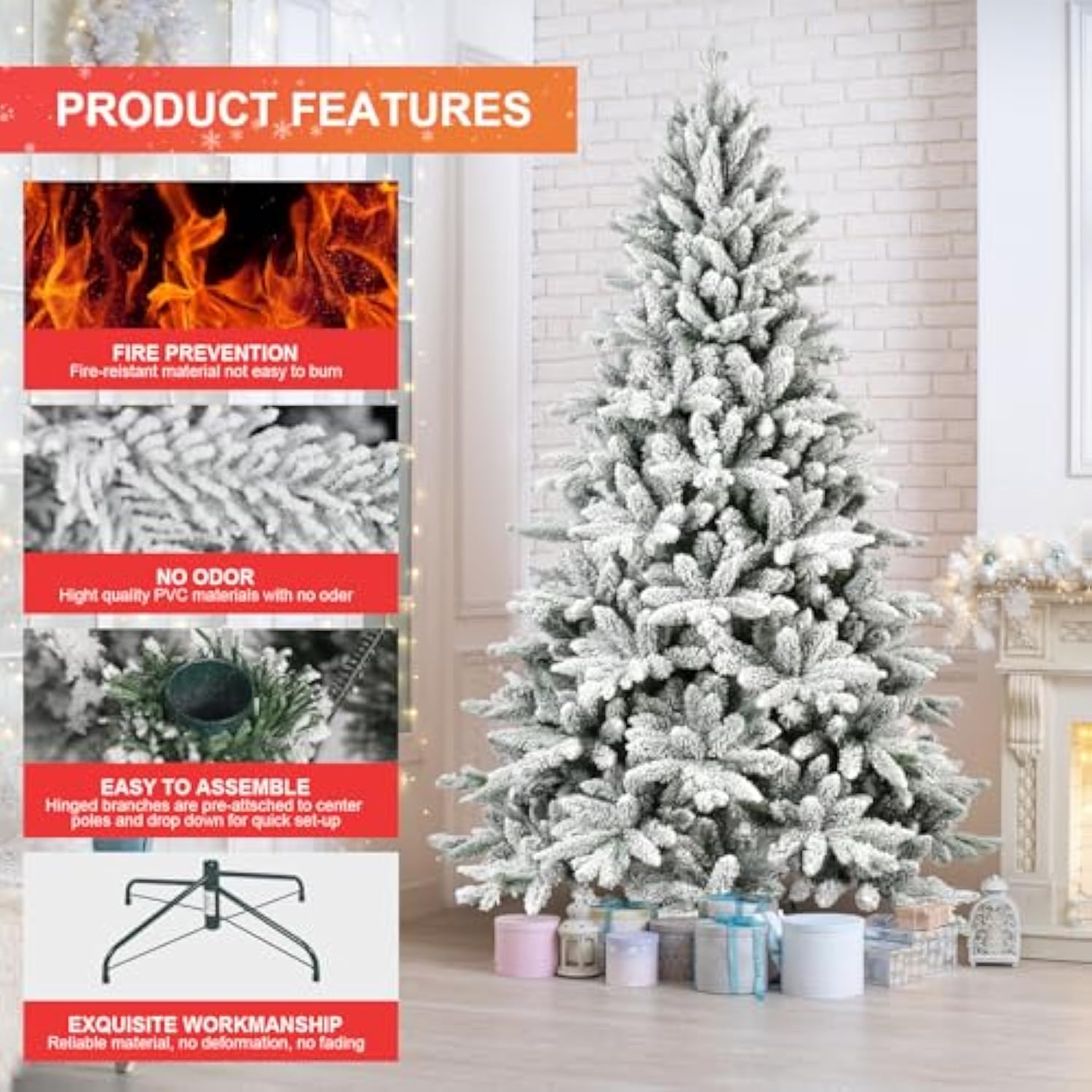 6Ft Unlit Flocked Christmas Tree,White Artificial Premium Hinged Spruce Snow Xams Tree With 1100 Pe & Pvc Tips,Suitable For Home,Office & Christmas Party Decorations,Includes Metal Foldable Stand.