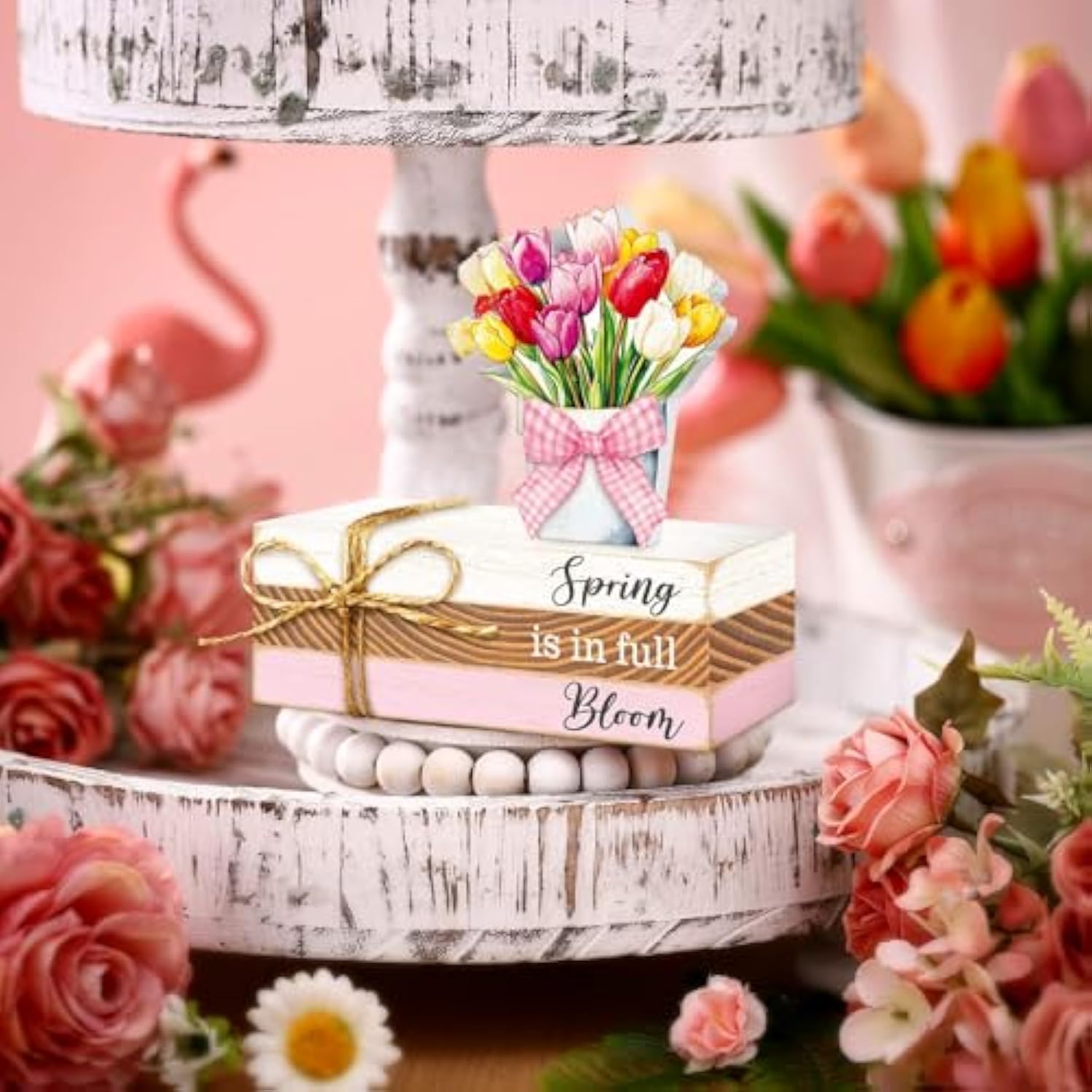 4 Pcs Spring Table Decor Tulip Wooden Sign Spring Farmhouse Wooden Block Decorative Floral Book Tiered Tray Easter Decor Rustic Decoration For Bookshelf Fireplace Desk Living Room(Classic)