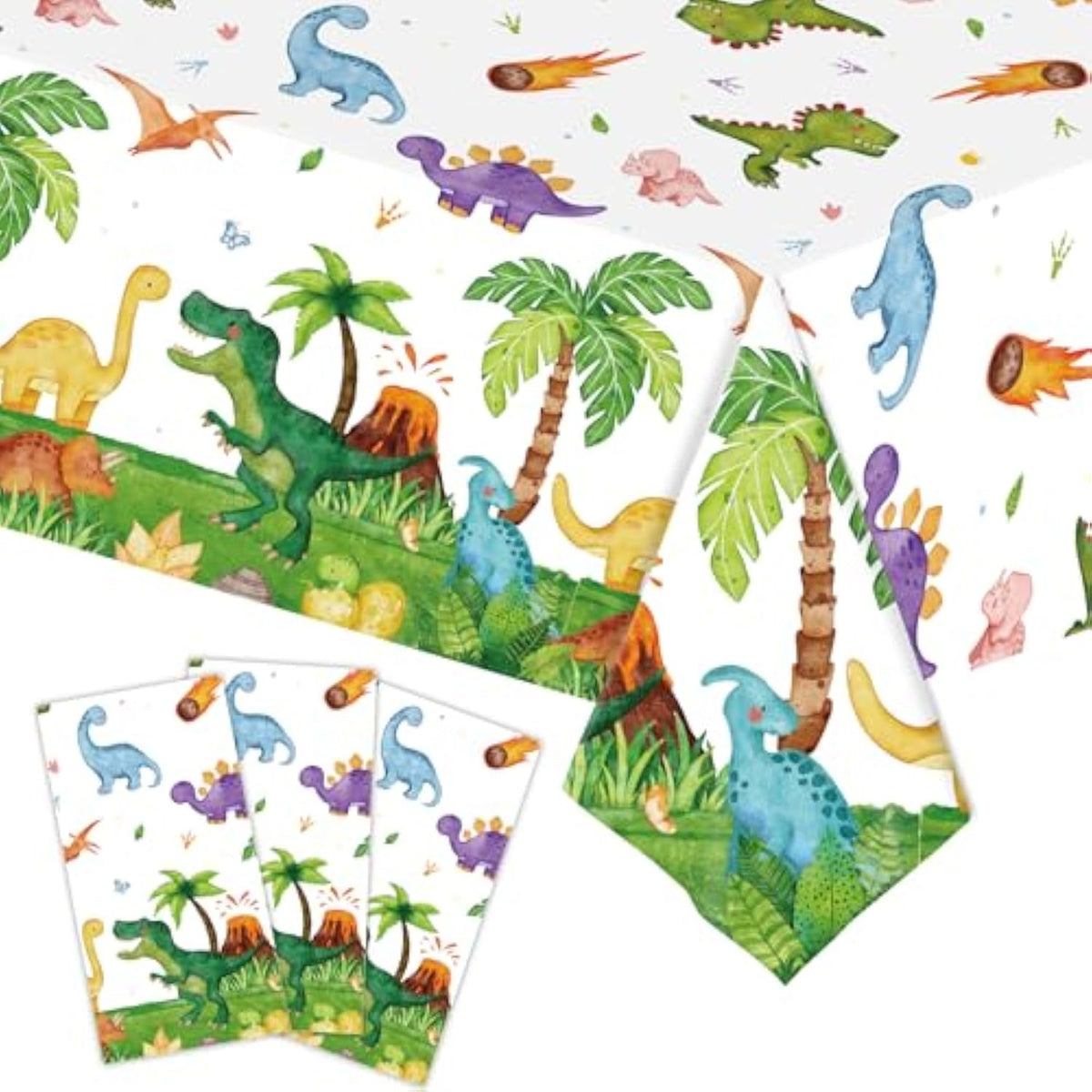 3-Piece 54 X 108 Inch Dinosaur Theme Plastic Tablecloth - Disposable Rectangle Table Cover For Dining, Picnic, Birthday, Baby Shower, Dino Party, Festive Themed Indoor Outdoor Decorations