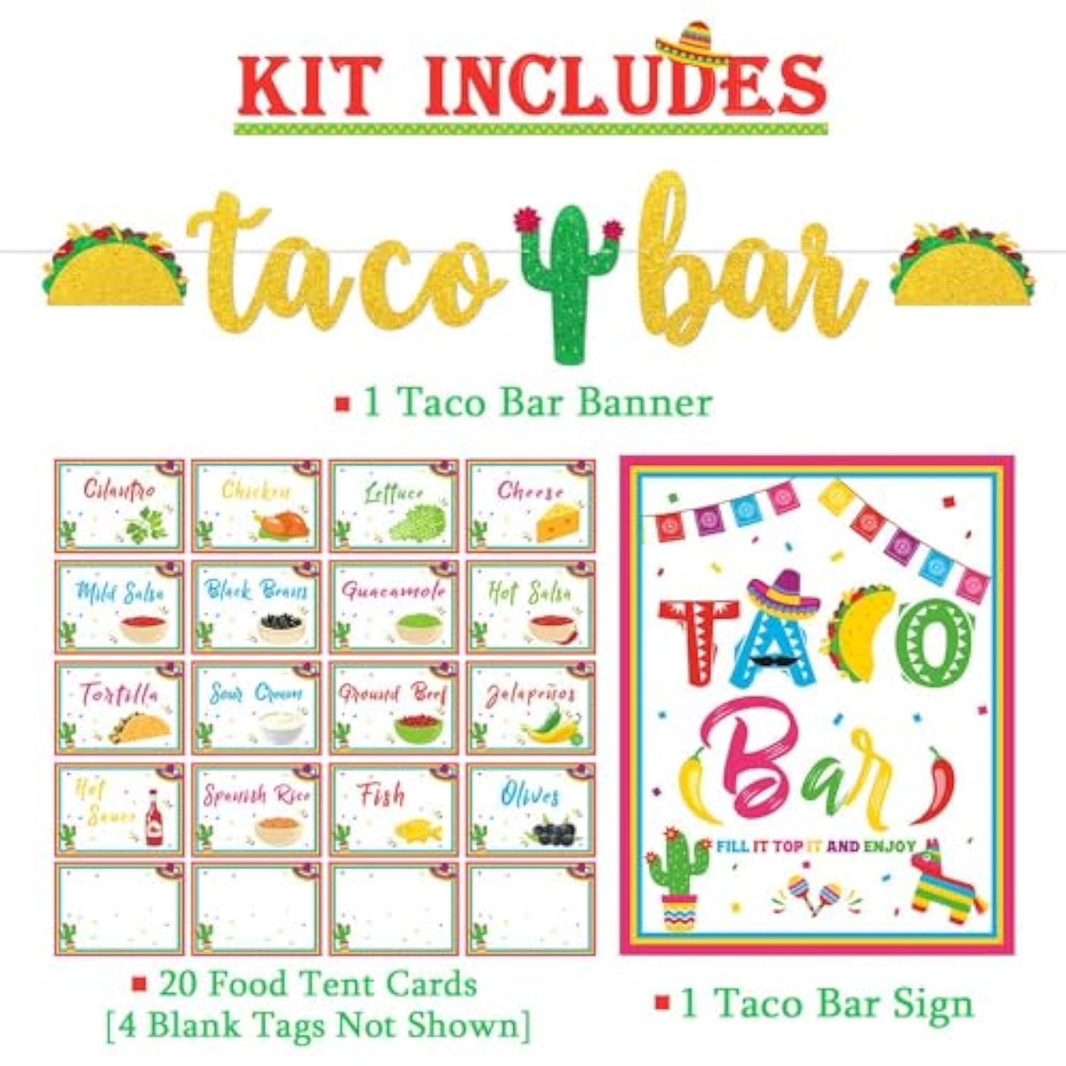 Taco Bar Decoration Kit - Banner Sign Tents Garland For Fiesta Mexican Cinco De Mayo Themed Party Bachelorette Bridal Shower, Housewarming