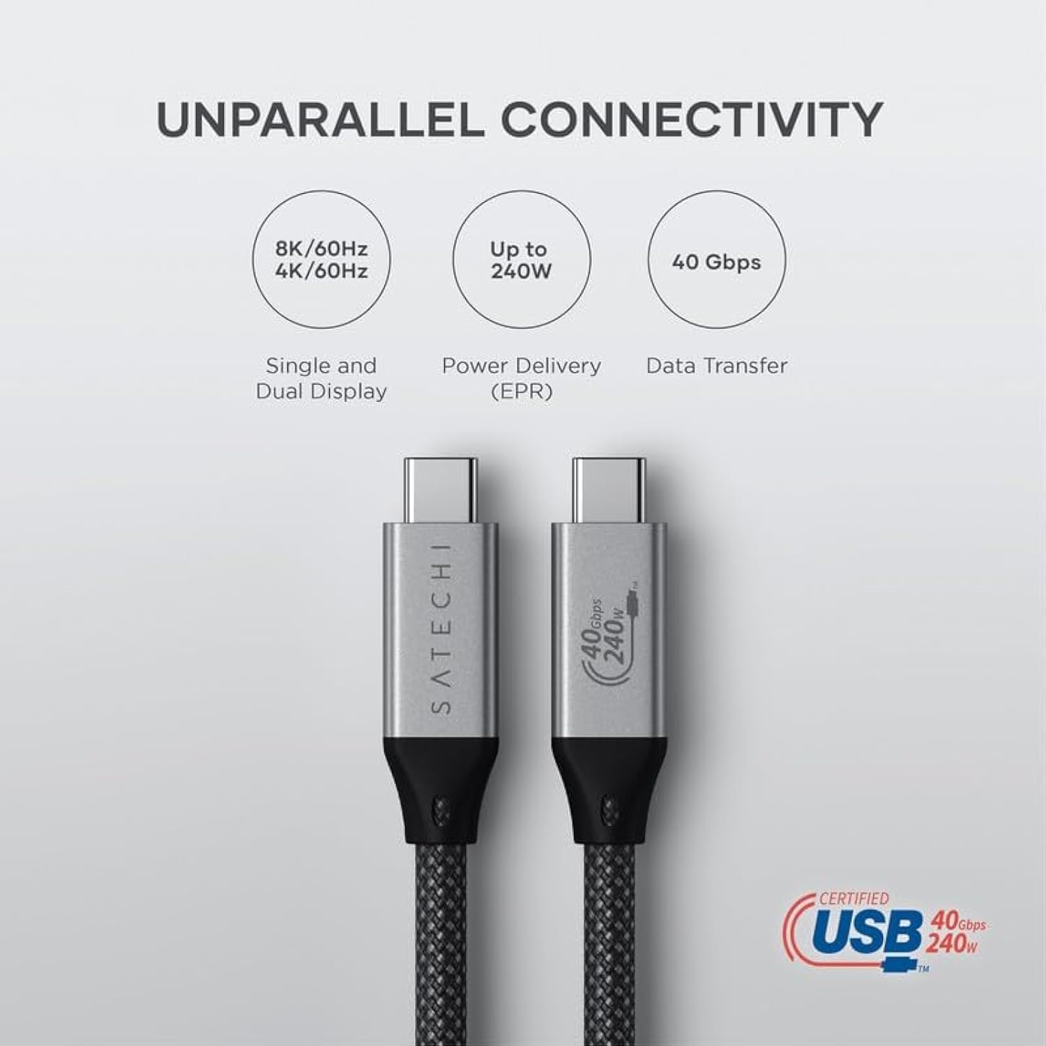Satechi USB 4 Pro Cable, USB-IF Certified, 240W Power Delivery, 8K@60Hz/ 4K@12