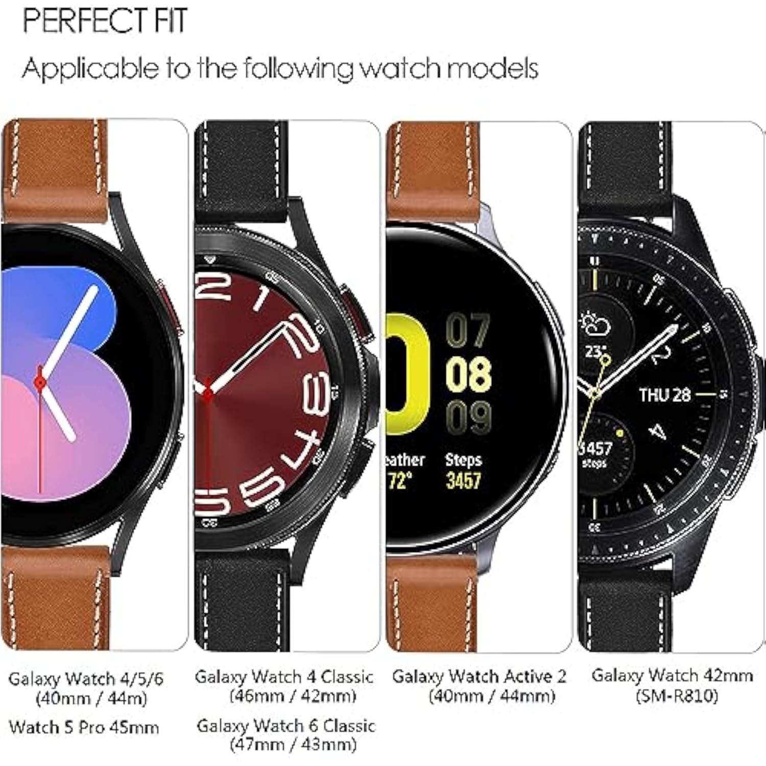 Galaxy Watch 5 Pro Bands 45Mm, Galaxy Watch 7/6/4 Classic Band 46Mm 43Mm 42Mm, Samsung Galaxy Watch 6/5/4/Acitve 2 Bands 44Mm 40Mm, 20Mm Leather Wristband Replacement Strap Men, Black+Brown