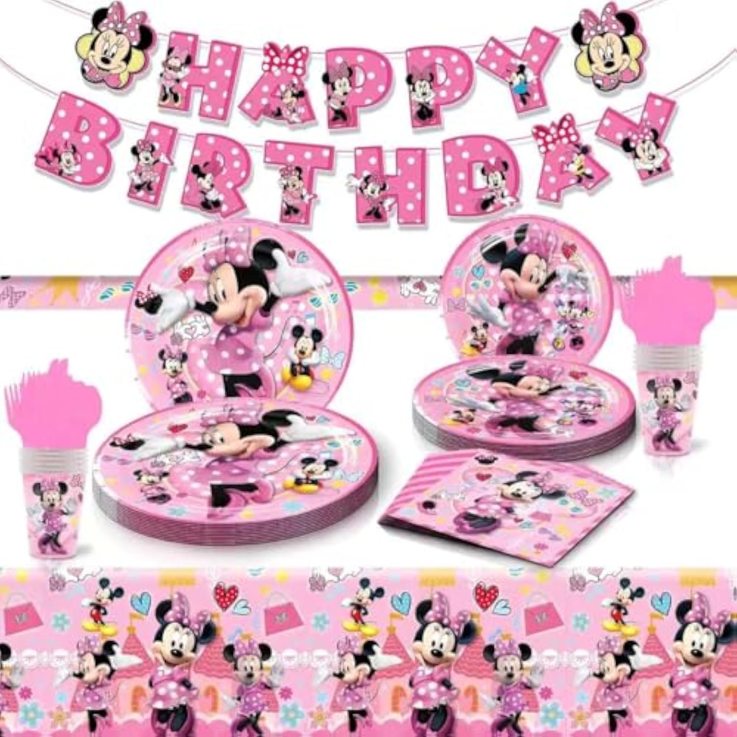 62 Psc For Minnie Birthday Party Supplies Set, Pink Theme, With Banner, Plates, Cups, Utensils, Napkins, Tablecloth