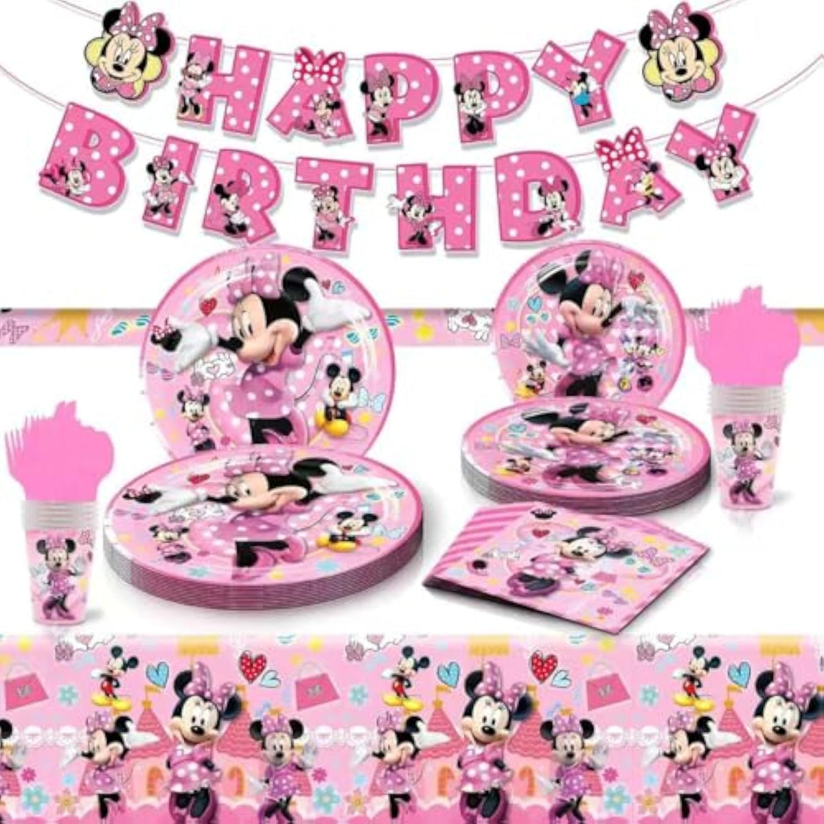62 Psc For Minnie Birthday Party Supplies Set, Pink Theme, With Banner, Plates, Cups, Utensils, Napkins, Tablecloth