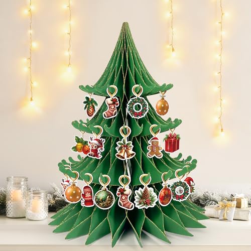 Paper Christmas Tree Honeycomb, Large Christmas Tree with Ornaments Christmas Centerpieces for Tables Home Office Classroom Party Decor