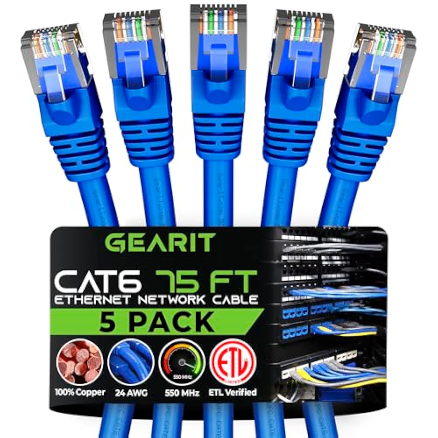 GearIT 5 Pack, Cat 6 Ethernet Cable Cat6 Snagless Patch 75 Feet - Computer LAN