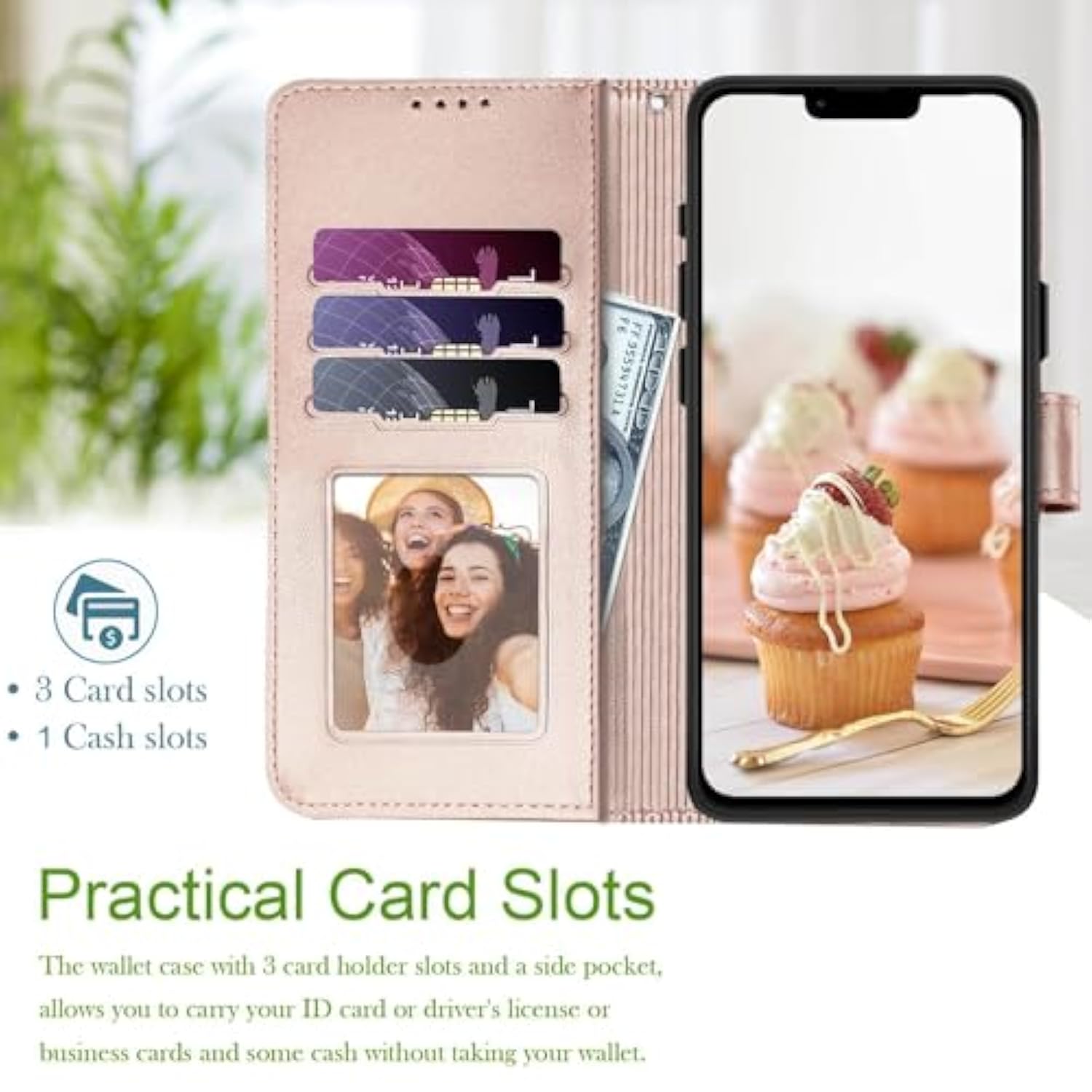 For Iphone 14 Case Wallet, Cute Floral Pattern Leather For Women Girl, Card Holder Kickstand Flip Cases, Wrist Strap, Magnetic Closure, Shockproof Protective Cover (Rose Gold)