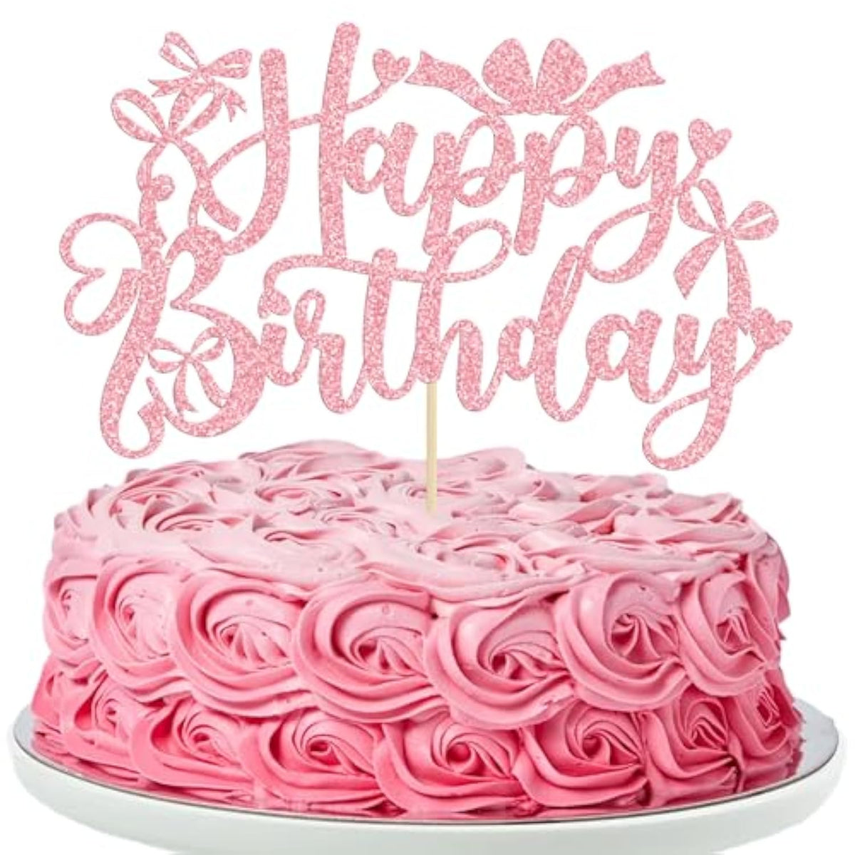 1Pcs Bow Happy Birthday Cake Topper Glitter Coquette Cake Pick Decorations For Girls Women Birthday Theme Baby Shower Party Supplies Pink