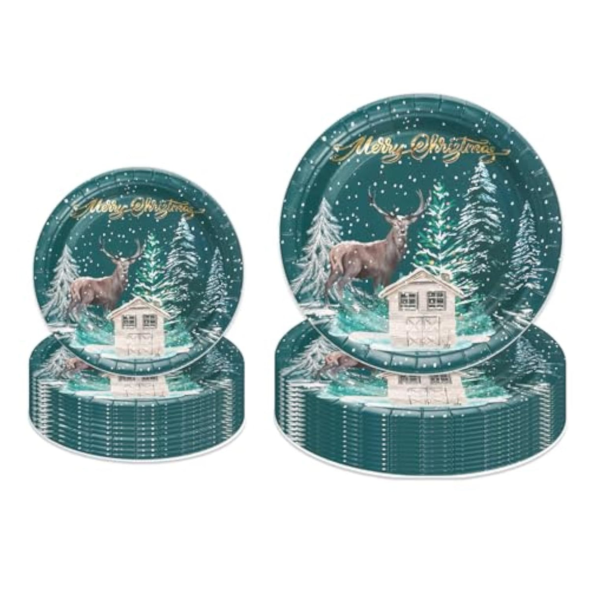50Pcs Christmas Paper Plates Sets - Merry Christmas Lettering, Green Forest, Reindeer, Gold Foil Design Disposable Party Plates Decorative Tableware Supplies Table Decor - 7 Inch & 9 Inch