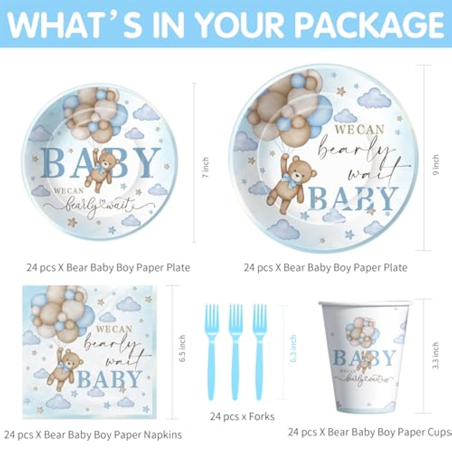 Bear Baby Shower Decorations Party Tableware Boy - Blue Bear We Can Bearly Wait Baby Shower Decorations Supplies, Paper Plates And Napkins Set, Cup, Disposable Forks, 24 Guests