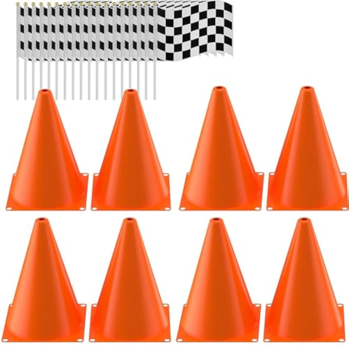 Traffic Cones With Racing Checkered Flags-8 Traffic Cones With Hole On Top, 16 Checkered Flags, Race Car Birthday Party Supplies, Table Centerpiece Decorations, Kids Gift (24Pcs)
