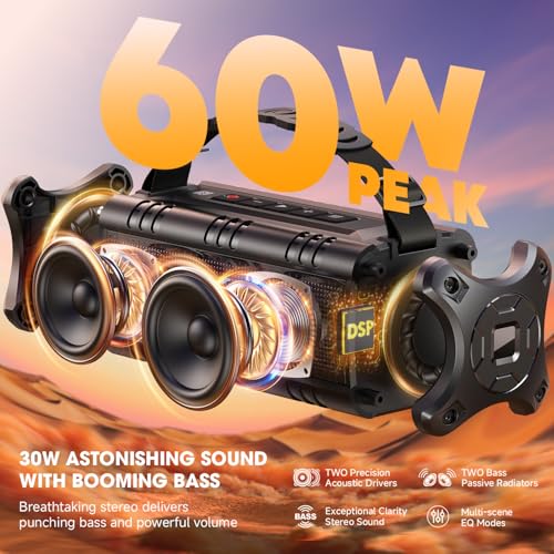 Portable Bluetooth Speakers Wireless, (60W Peak) 30W RMS IPX6 Waterproof Outdoor Loud Speaker Boombox, 24H, EQ, AUX, TF Card, USB Playback, Powerful