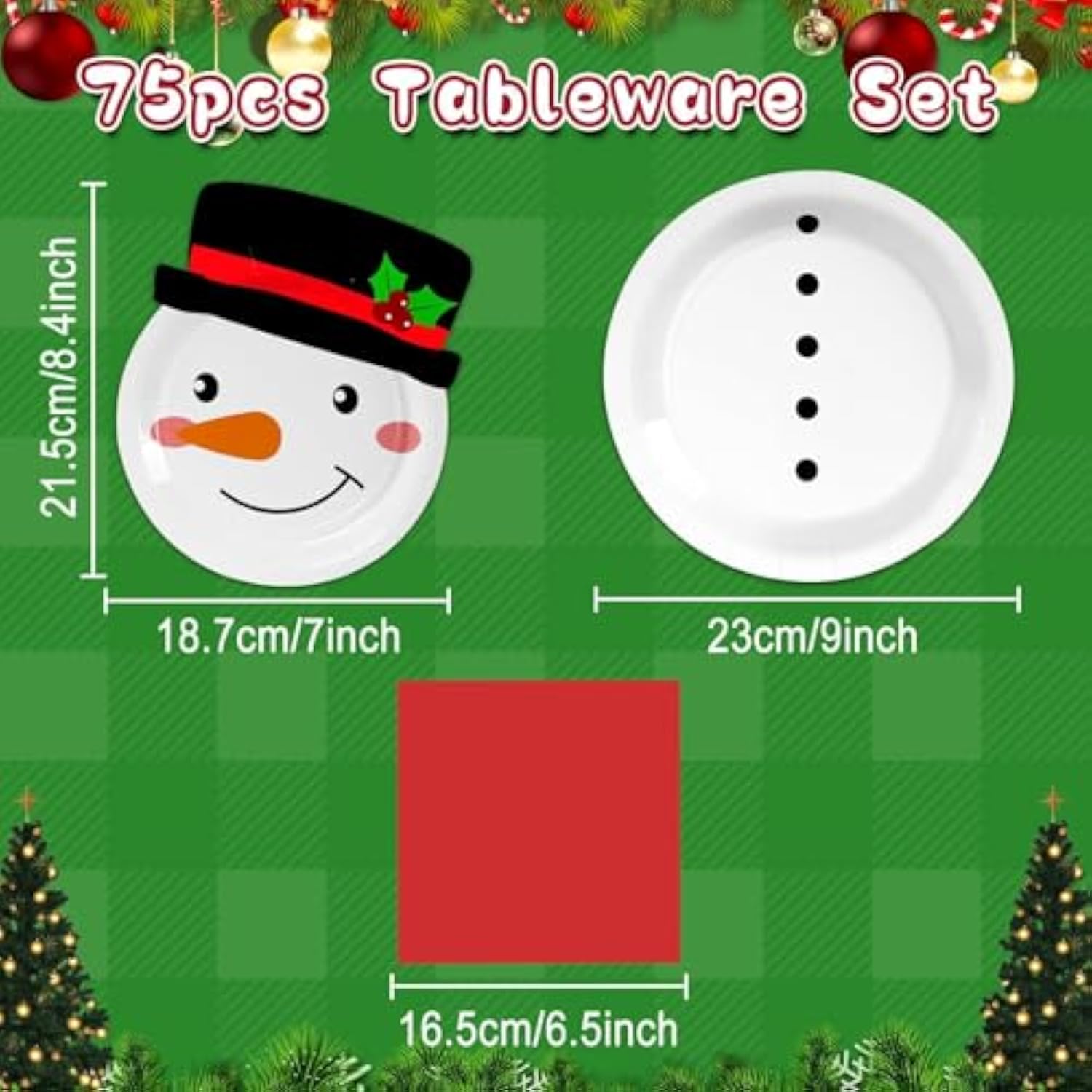 75 Pcs Christmas Snowman Paper Plates and Napkins for Holiday and New Year Parties