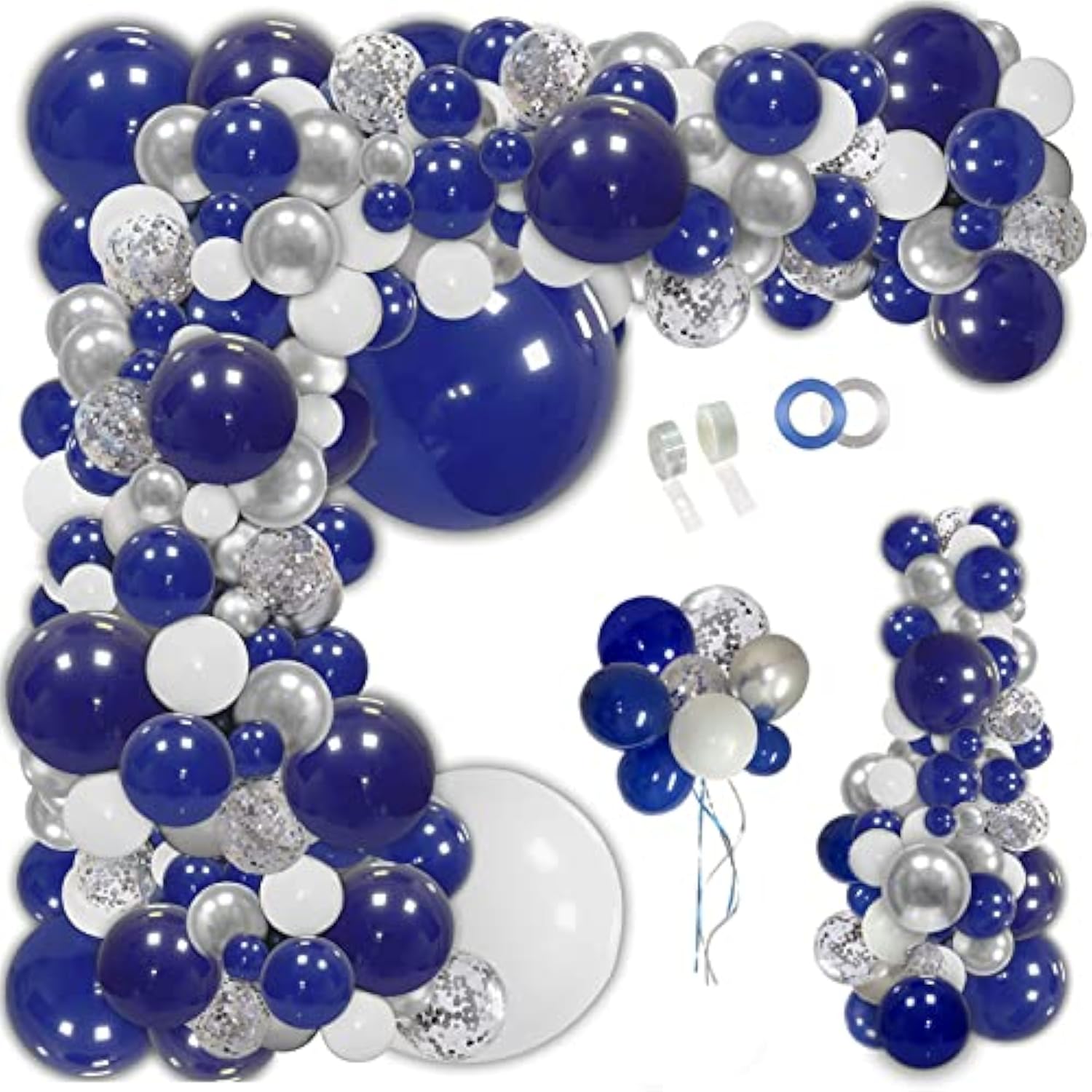 145Pcs Navy Blue Silver Balloons Garland Kit, Royal Blue Silver White