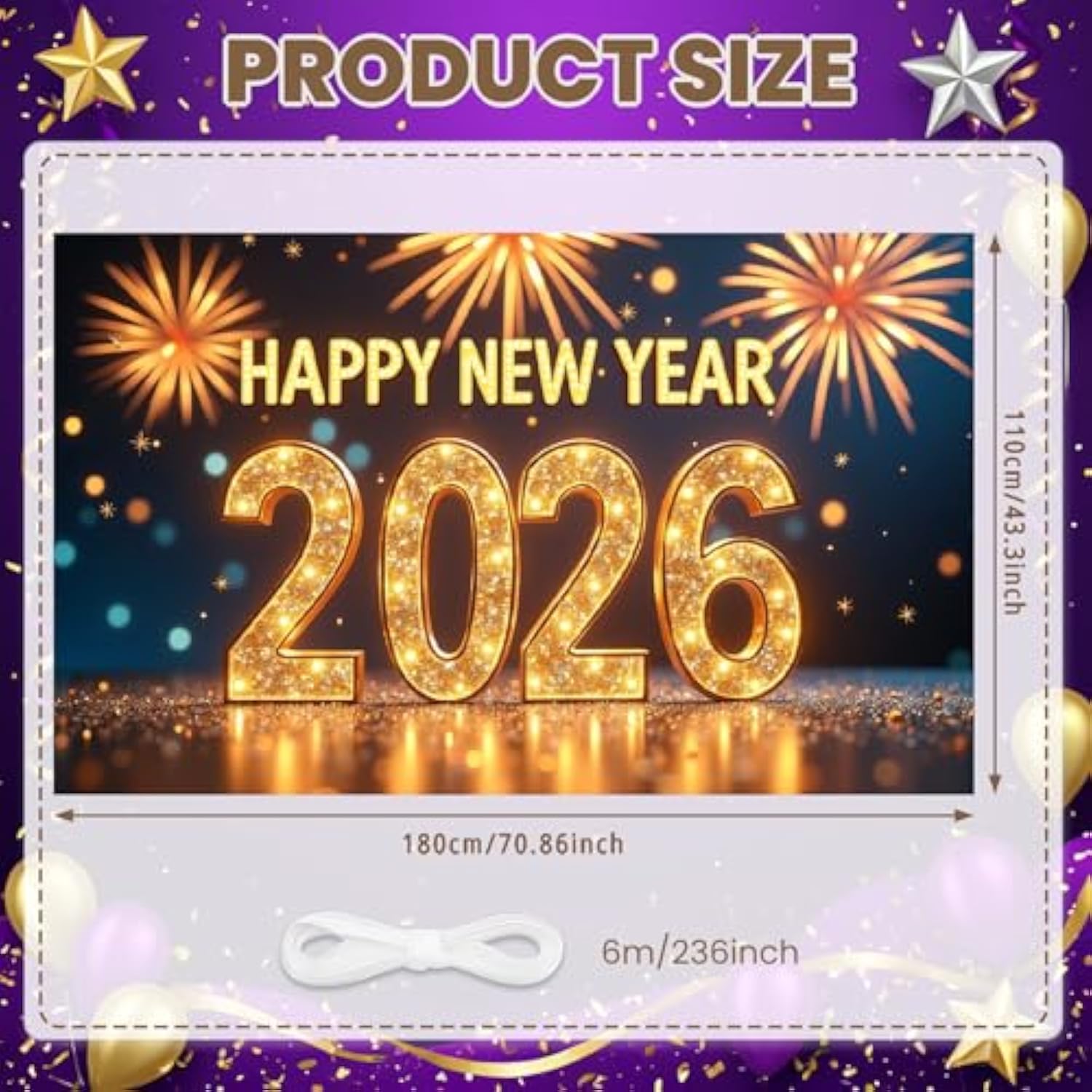 Gold Glitter Happy New Year 2026 Banner Fabric Backdrop 70.8x43.3In