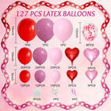 Valentine's Day Balloons Garland Arch Kit, 127Pcs Pink Red Rose Red Balloon with Red Pink Heart Foil Balloon for Valentine's Day Galentines Mother's Day Wedding Engagement Anniversary Party Decoration
