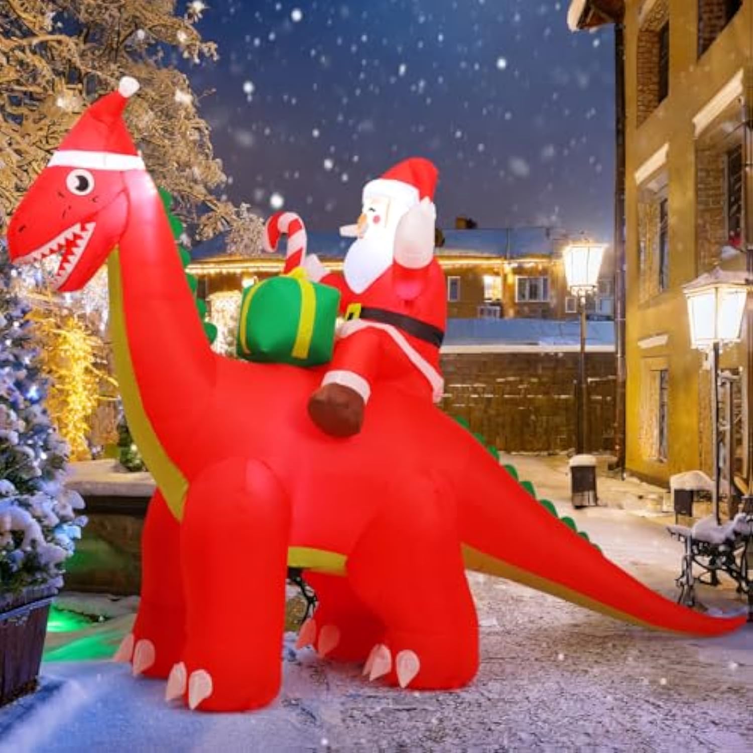 8.5Ft Long Christmas Inflatables Outdoor Decorations, Blow Up Santa Claus Riding Dinosaur With Built-In Leds For Christm