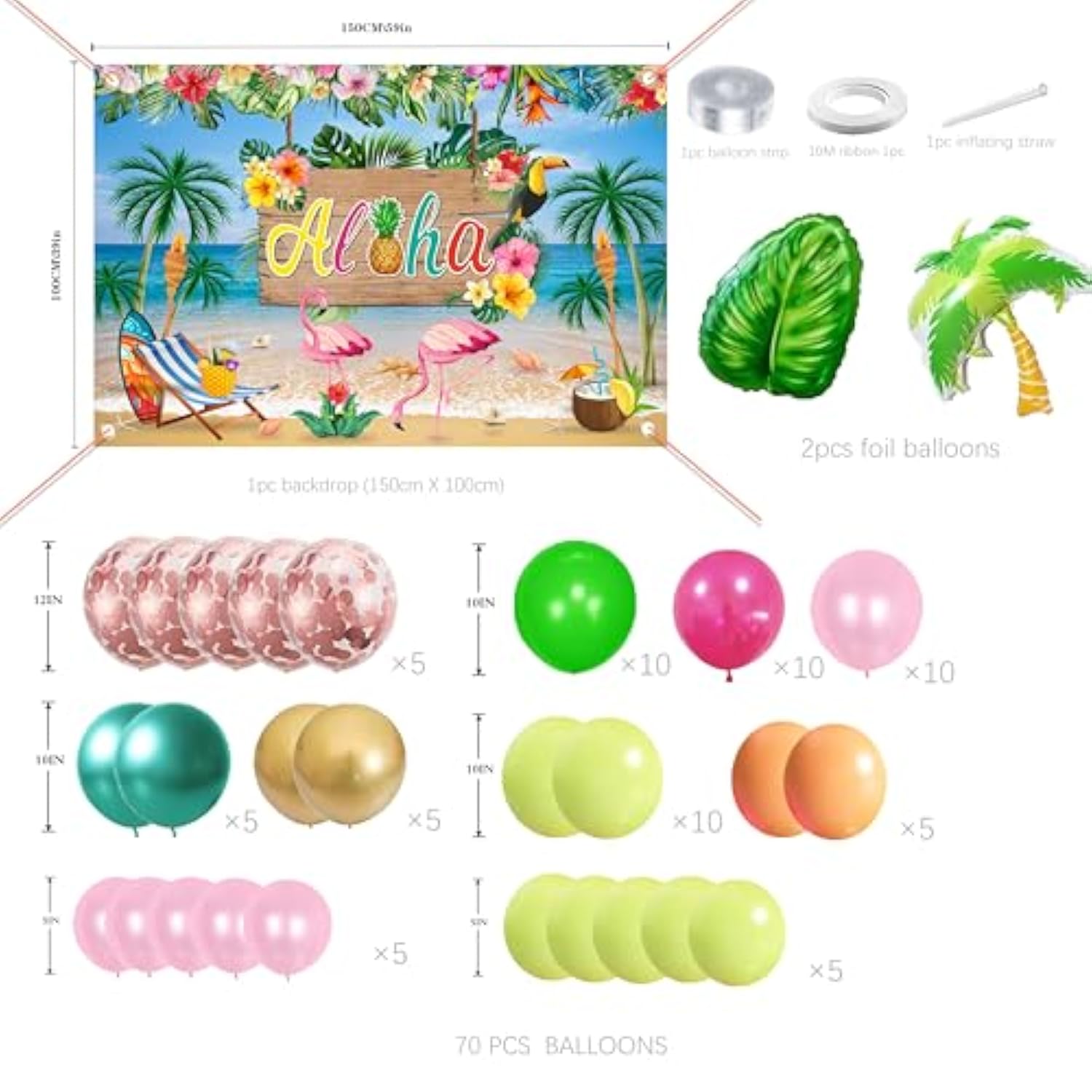 Hawaiian Luau Party Decorations Set – Tropical Summer Beach & Pool Party Supplies with Aloha Backdrop, Balloon Arch Kit, and Palm Tree Foil Balloons