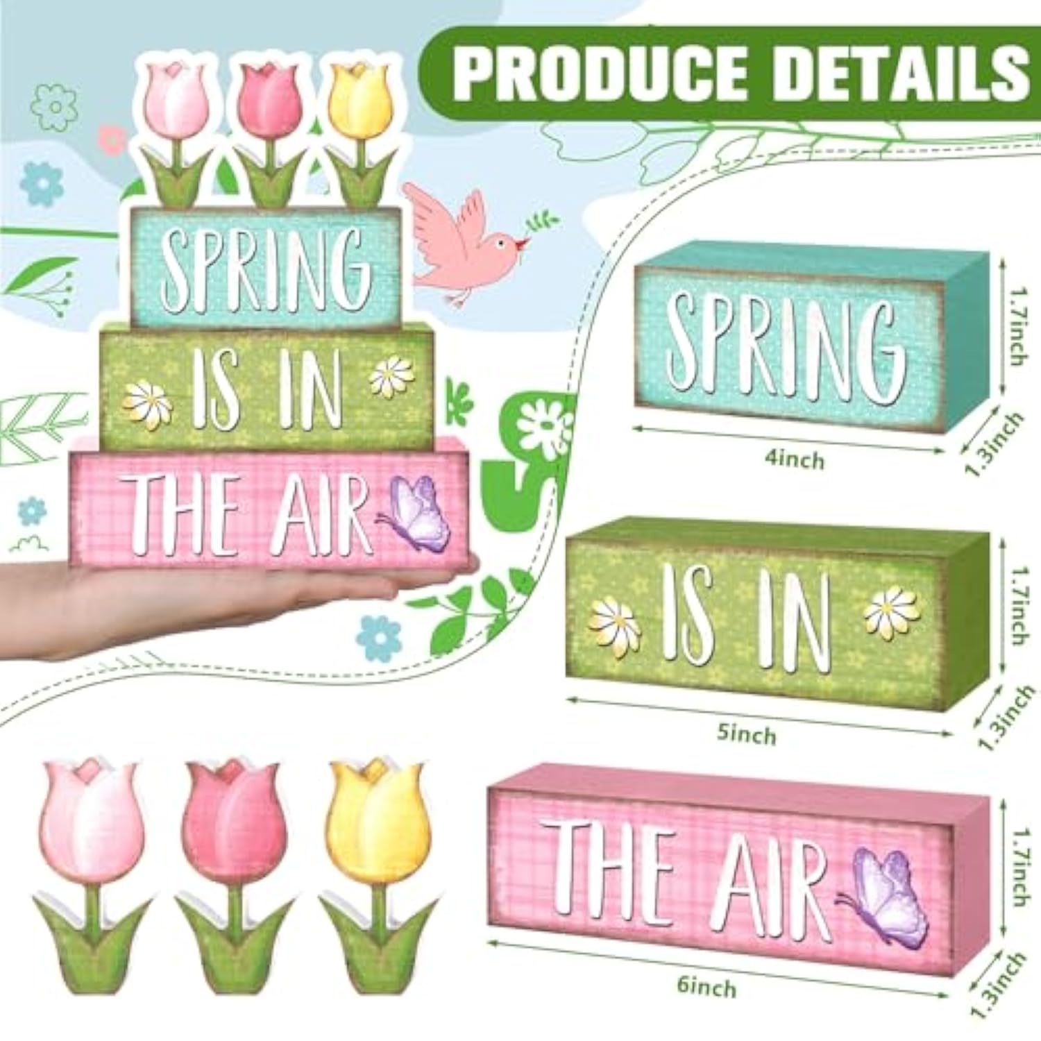 4 Pcs Spring Table Decorations Tulip Flower Wooden Block Signs Pastel Tulip Tabletop Centerpieces Farmhouse Distressed Easter Spring Decor For Home Table Kitchen Shelf Tiered Tray Decor