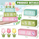4 Pcs Spring Table Decorations Tulip Flower Wooden Block Signs Pastel Tulip Tabletop Centerpieces Farmhouse Distressed Easter Spring Decor For Home Table Kitchen Shelf Tiered Tray Decor