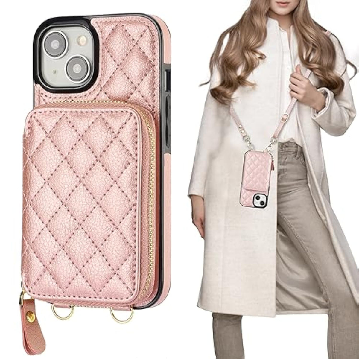 Crossbody Wallet Case For Iphone 15, Rfid Blocking Pu Leather Zipper Handbag Purse Flip Cover, Kickstand Folio Case With Card Slots Holder Wrist Strap Lanyard 5G 6.1 Inch (Rose Gold)