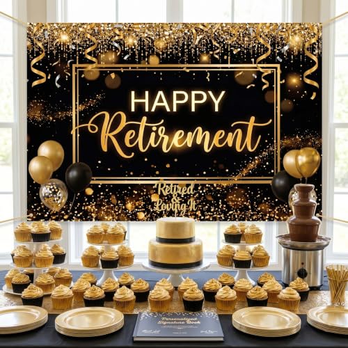 Happy Retirement Backdrop 59x39in Black Gold Party Banner