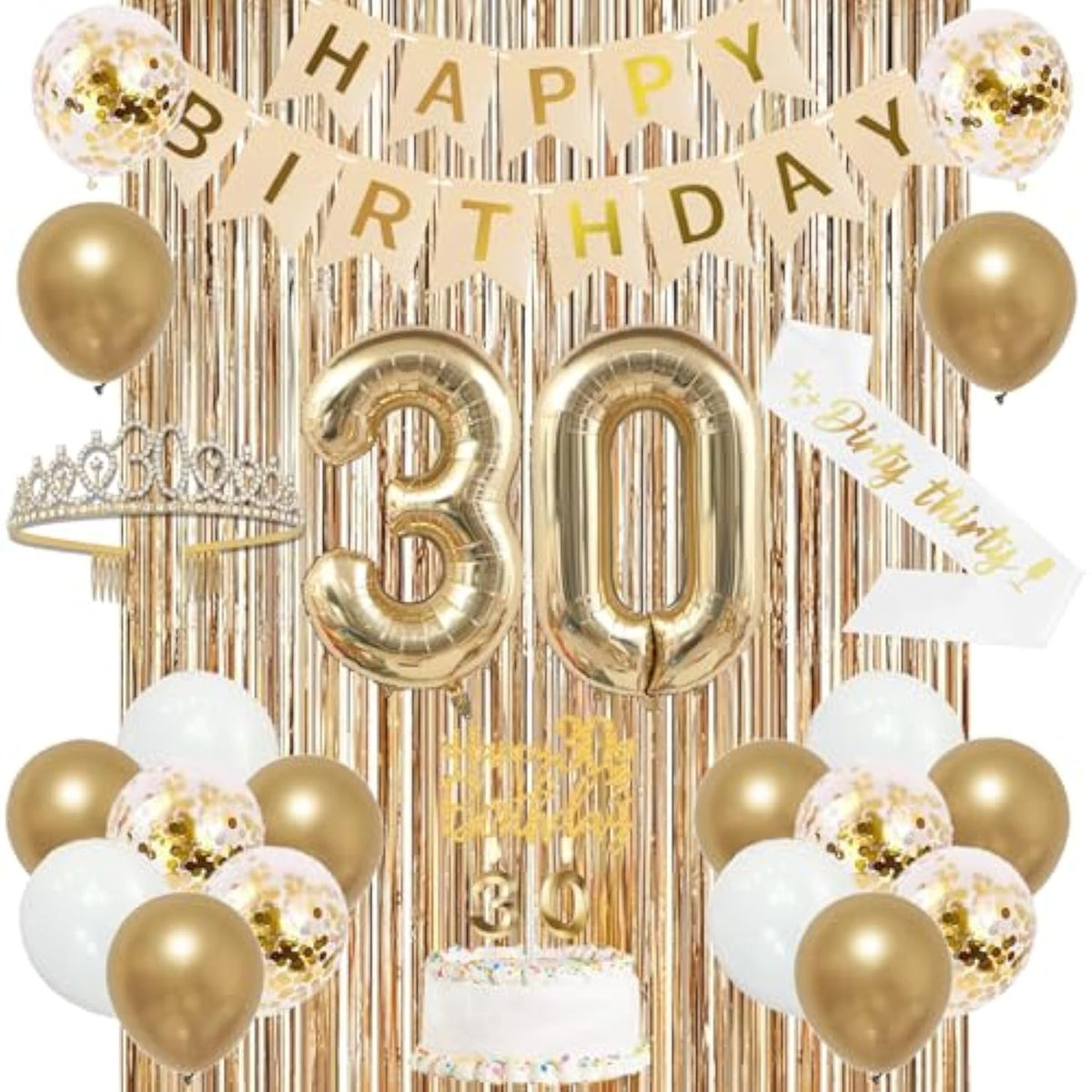 30Th Birthday Decorations For Women, Banner, Sash And Crown, Cake Topper, 30 Number Balloon, Fringe Curtains, Champagne Gold 30Th Birthday Party Supplies