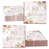 40Pieces 80Th Falulous Paper Napkin - Rose Gold Party Supplies Disposable Rose Gold Floral Theme Napkins For Women 80Th Birthday,Anniversary Wedding Party Favors