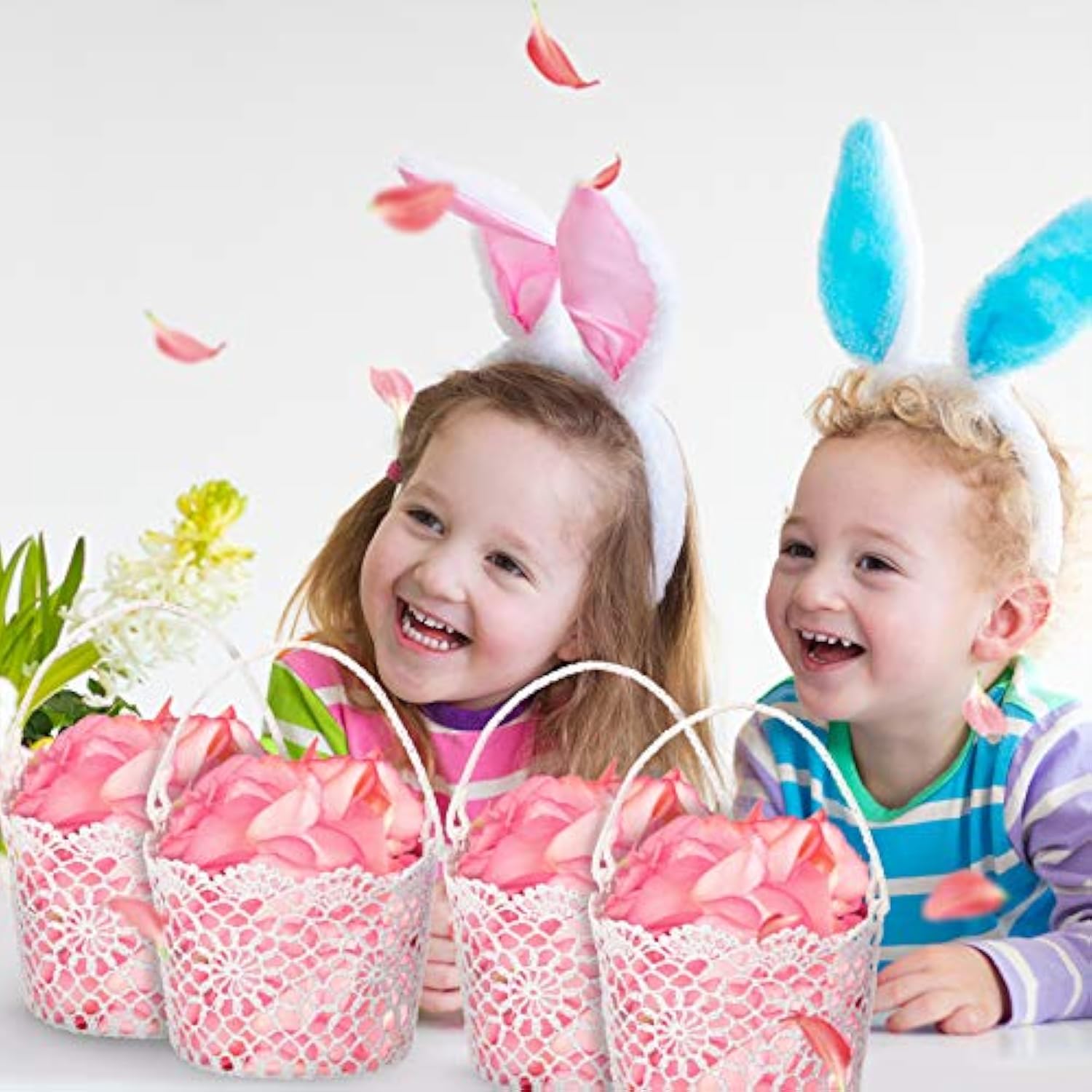 White Flower Girl Basket With Handle For Wedding Ceremony, 5.9 X 4.72 X 4.33 Inch