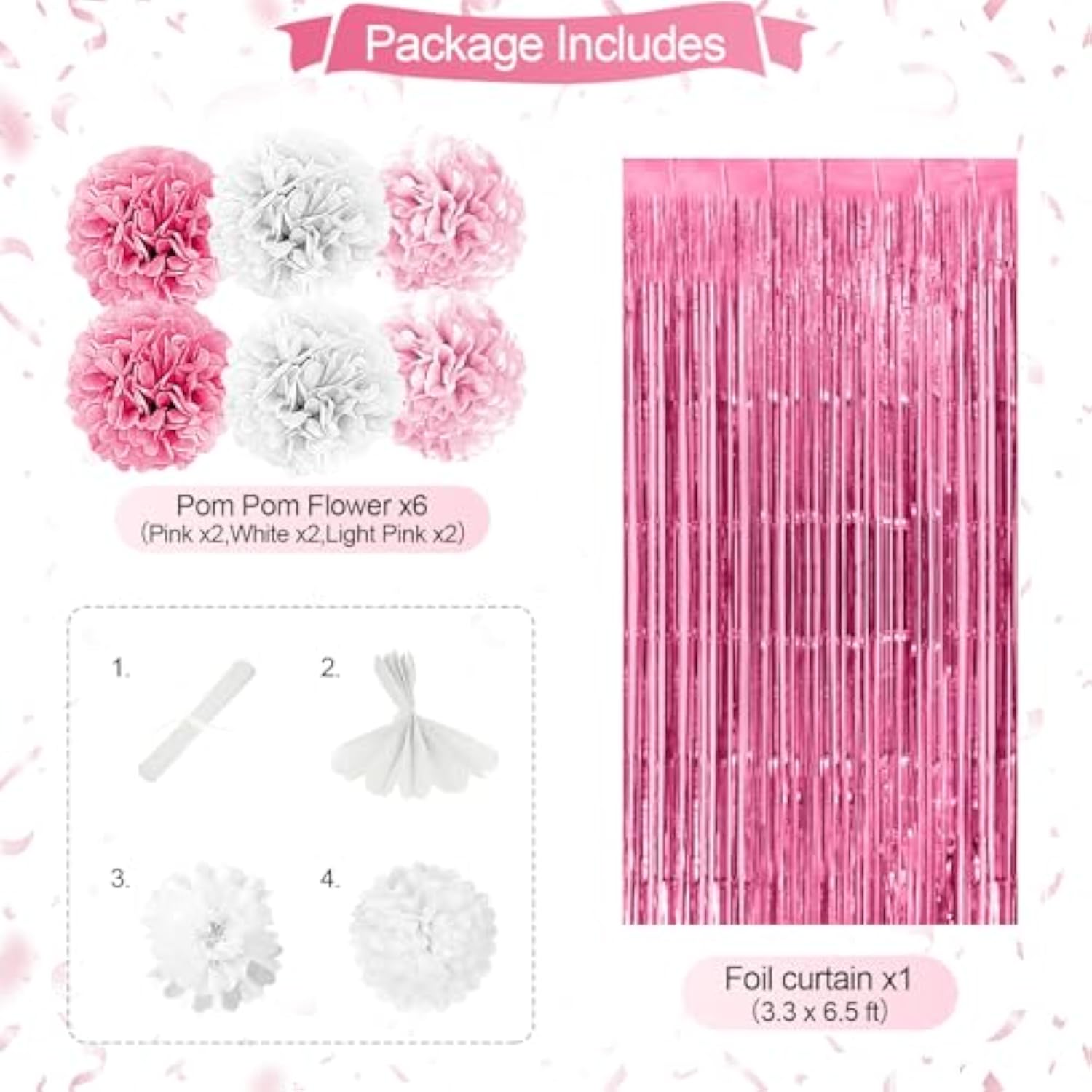 Pink Birthday Party Set Banner, Balloons, Pom Poms, Confetti, & Fringe Curtain